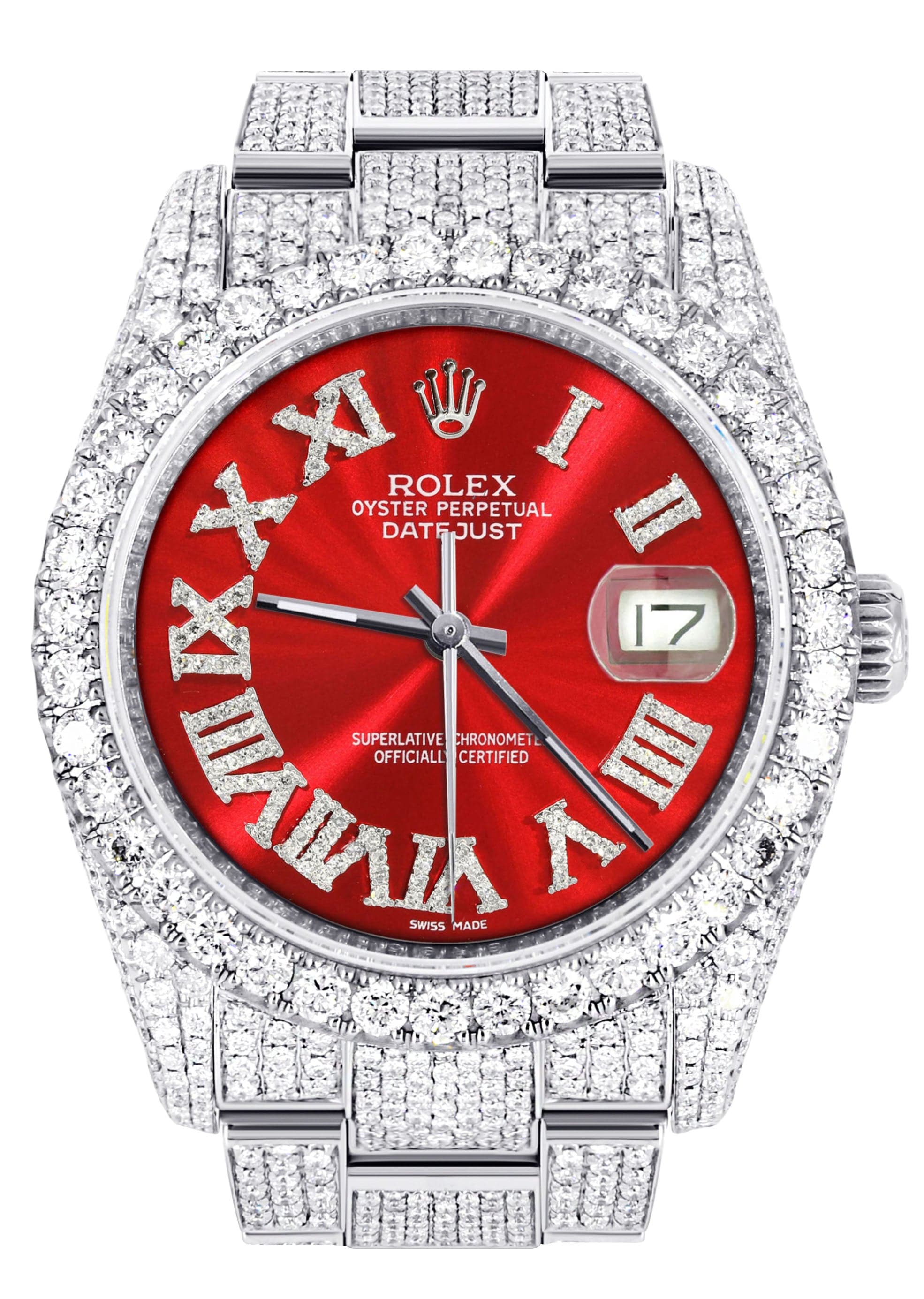 Iced Out Rolex Datejust 36 MM | Stainless Steel | 16.5 Carats of Diamonds | Red Roman Diamond Dial | Oyster Band | Model 116200