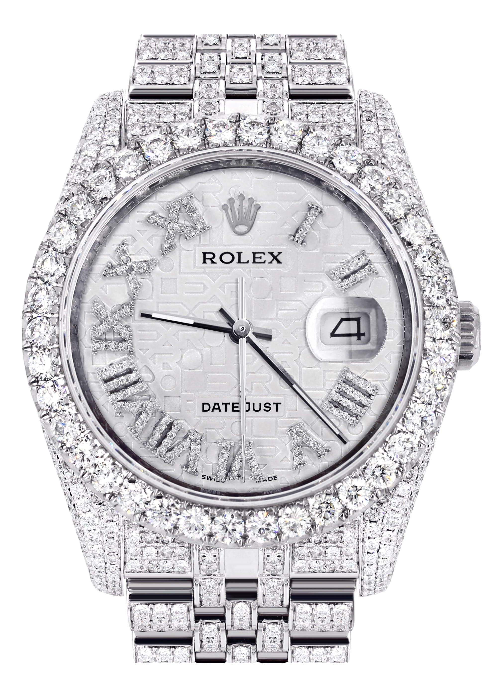 Iced Out Rolex Datejust 36 MM | Stainless Steel | 16.5 Carats of Diamonds | Silver Texture Roman Diamond Dial | Jubilee Band | Model 116200