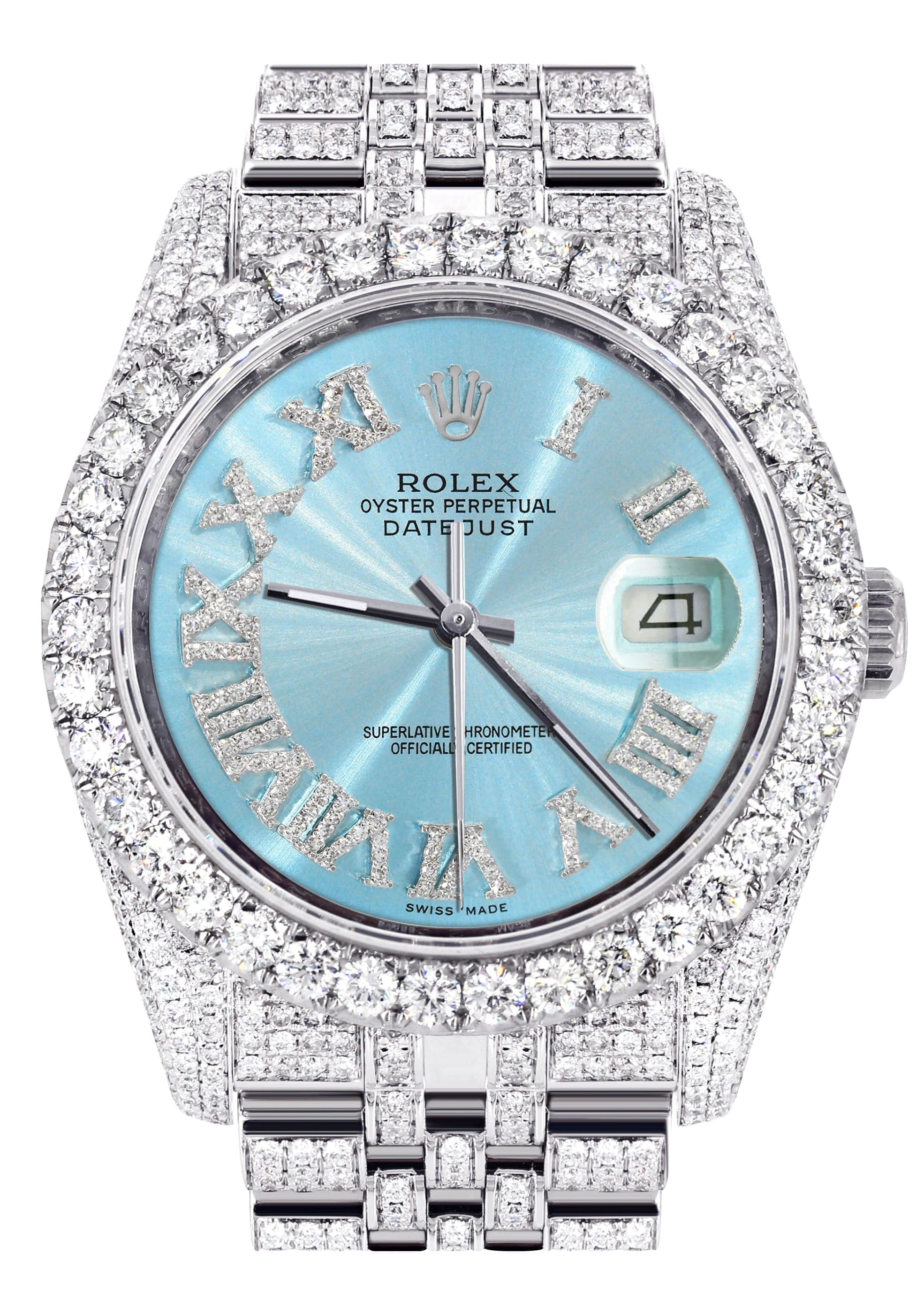 Iced Out Rolex Datejust 36 MM | Stainless Steel | 16.5 Carats of Diamonds | Sky Blue Roman Diamond Dial | Jubilee Band | Model 116200