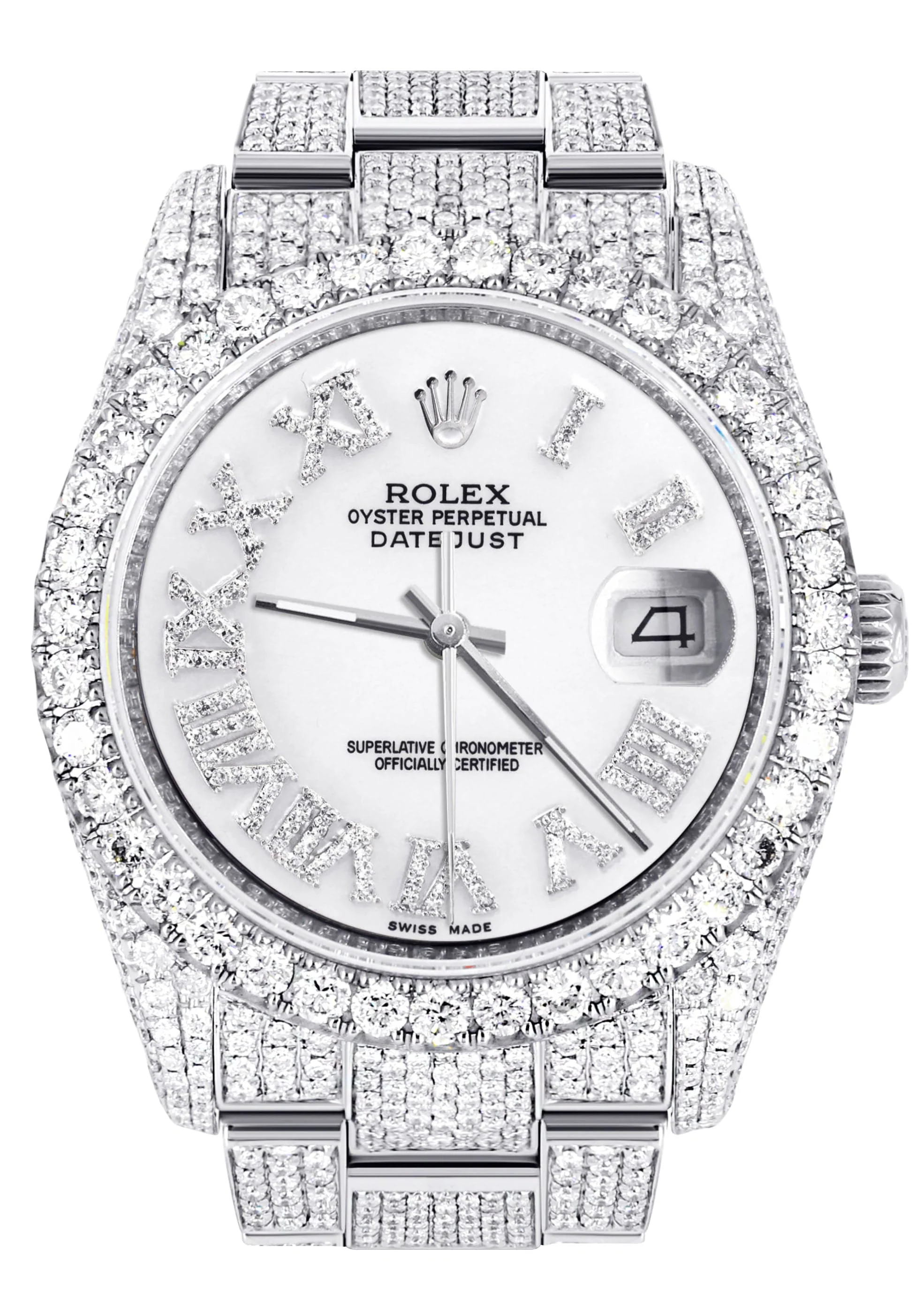 Iced Out Rolex Datejust 36 MM | Stainless Steel | 16.5 Carats of Diamonds | White Roman Diamond Dial | Oyster Band | Model 116200