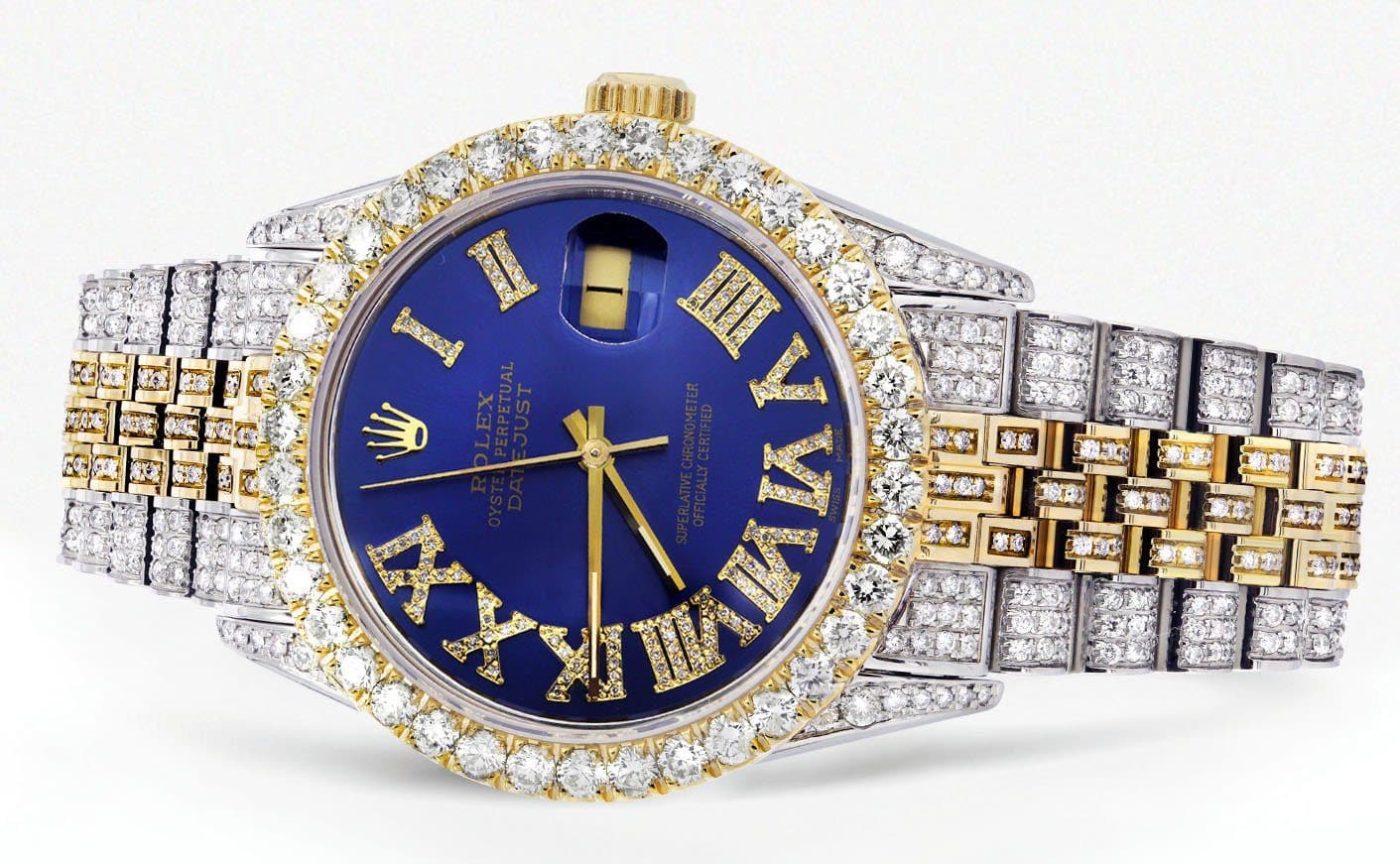 Iced Out Rolex Datejust 36 MM | Two Tone | 10 Carats of Diamonds | Blue Roman Diamond Dial - Image 2
