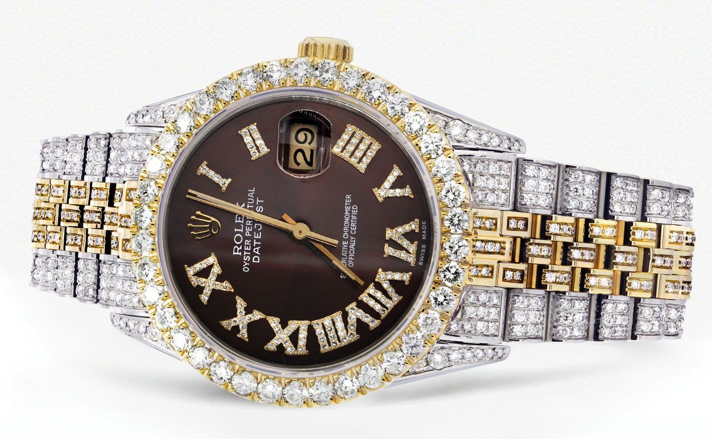 Iced Out Rolex Datejust 36 MM | Two Tone | 10 Carats of Diamonds | Chocolate Roman Diamond Dial - Image 2