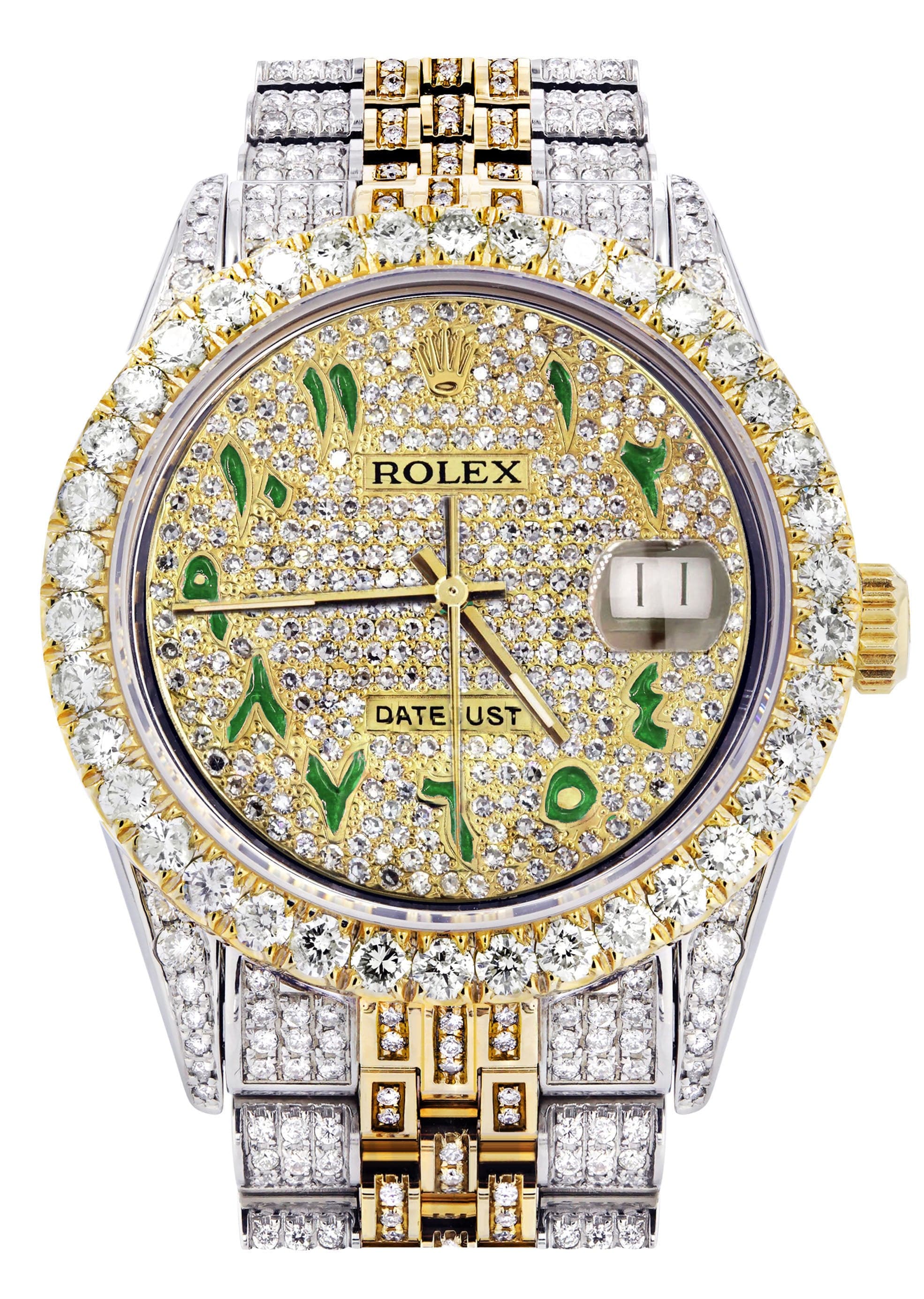 Iced Out Rolex Datejust 36 MM | Two Tone | 10 Carats of Diamonds | Full Diamond Green Arabic Diamond Dial