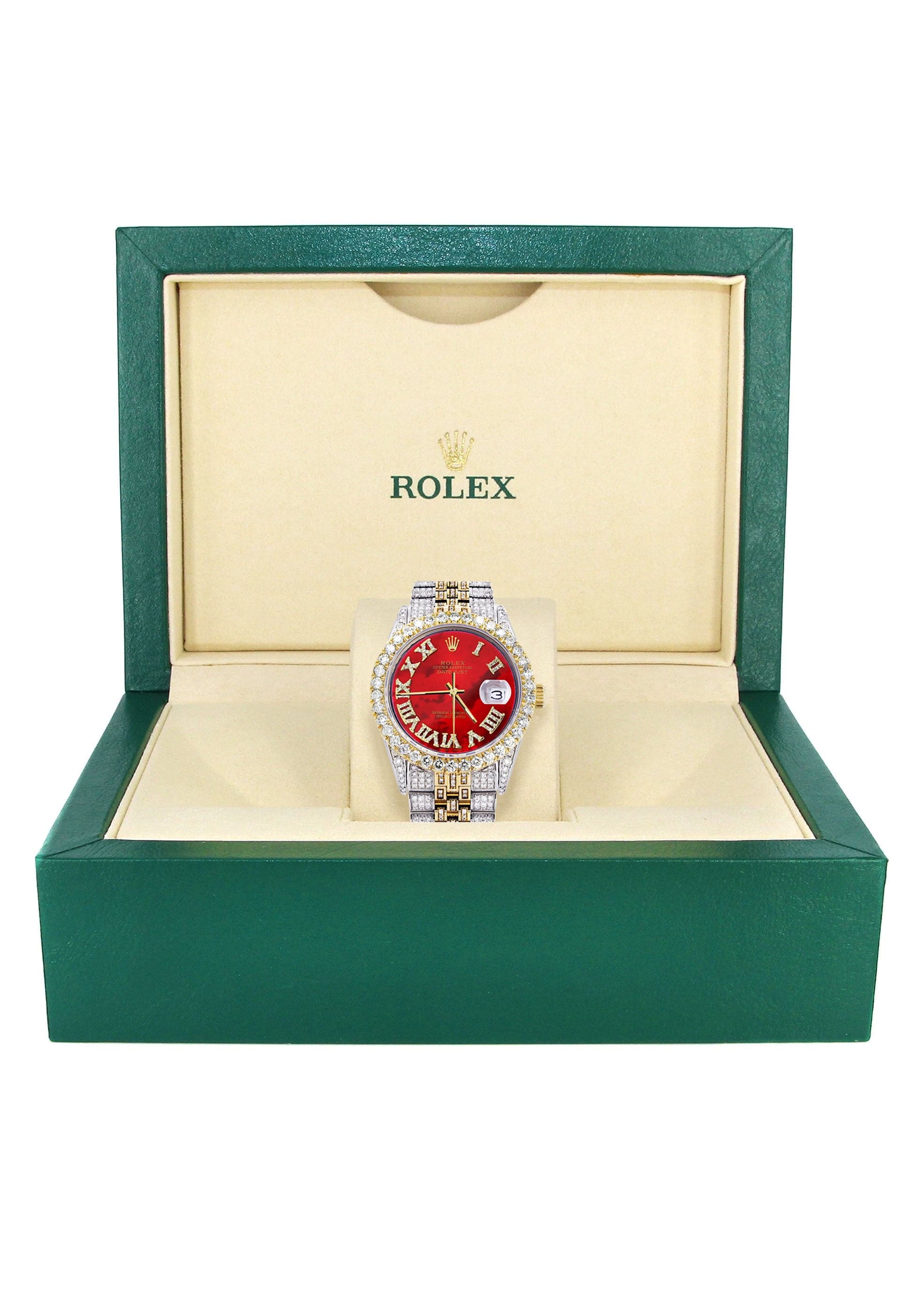 Iced Out Rolex Datejust 36 MM | Two Tone | 10 Carats of Diamonds | Red Mother of Pearl Roman Diamond Dial - Image 6