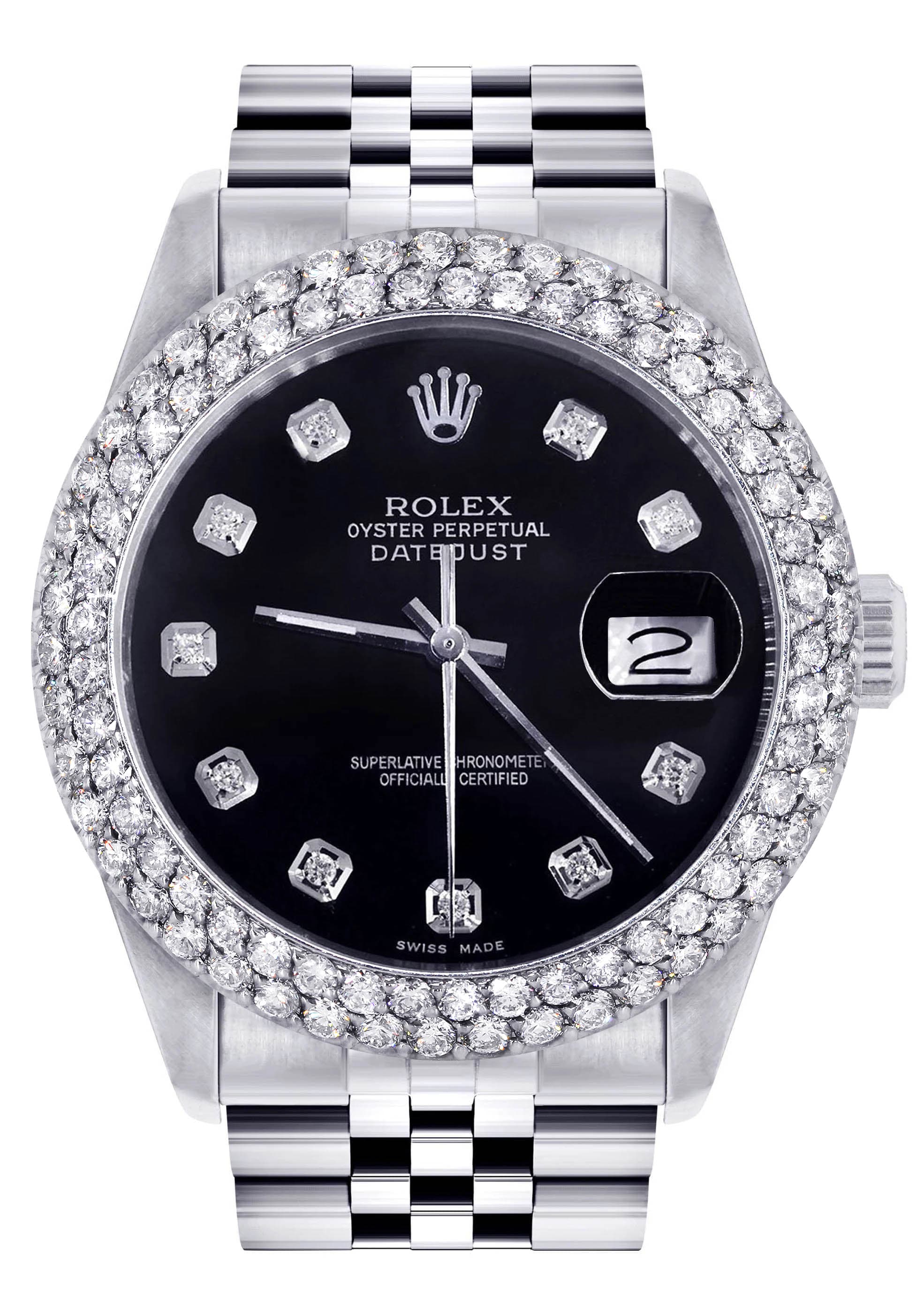 Mens Rolex Datejust Watch 16200 | 36Mm | Black Dial | Two Row 4.25 Carat Bezel | Jubilee Band