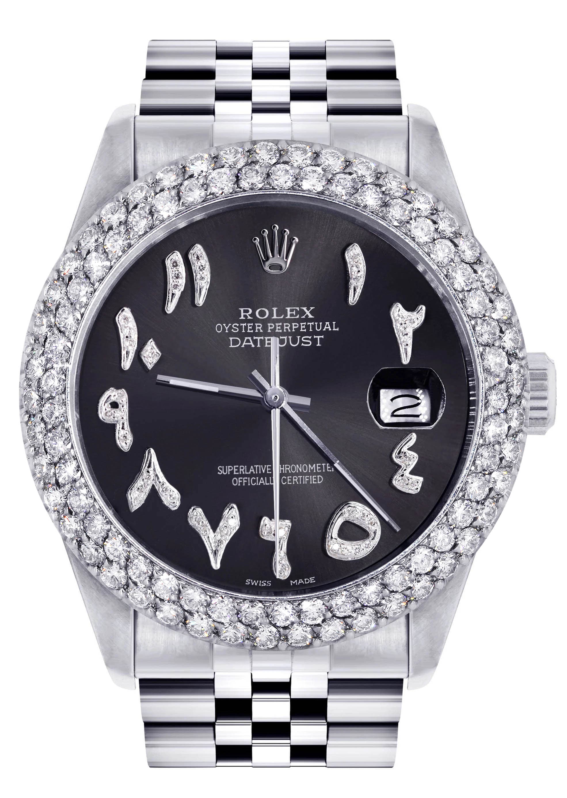 Mens Rolex Datejust Watch 16200 | 36Mm | Diamond Black Arabic Numeral Dial | Two Row 4.25 Carat Bezel | Jubilee Band