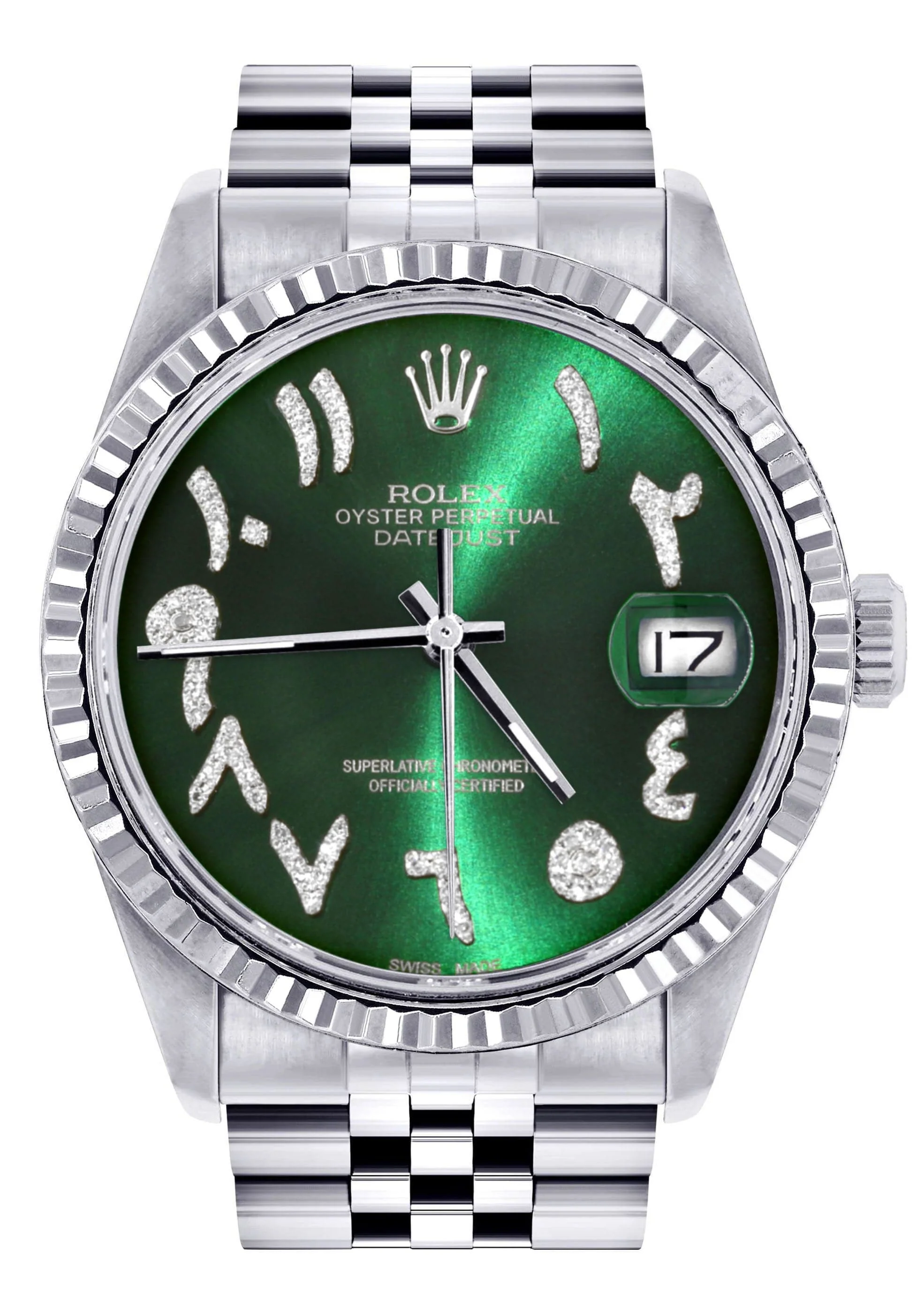 Mens Rolex Datejust Watch 16200 | Fluted Bezel | 36Mm | Green Arabic Dial | Jubilee Band