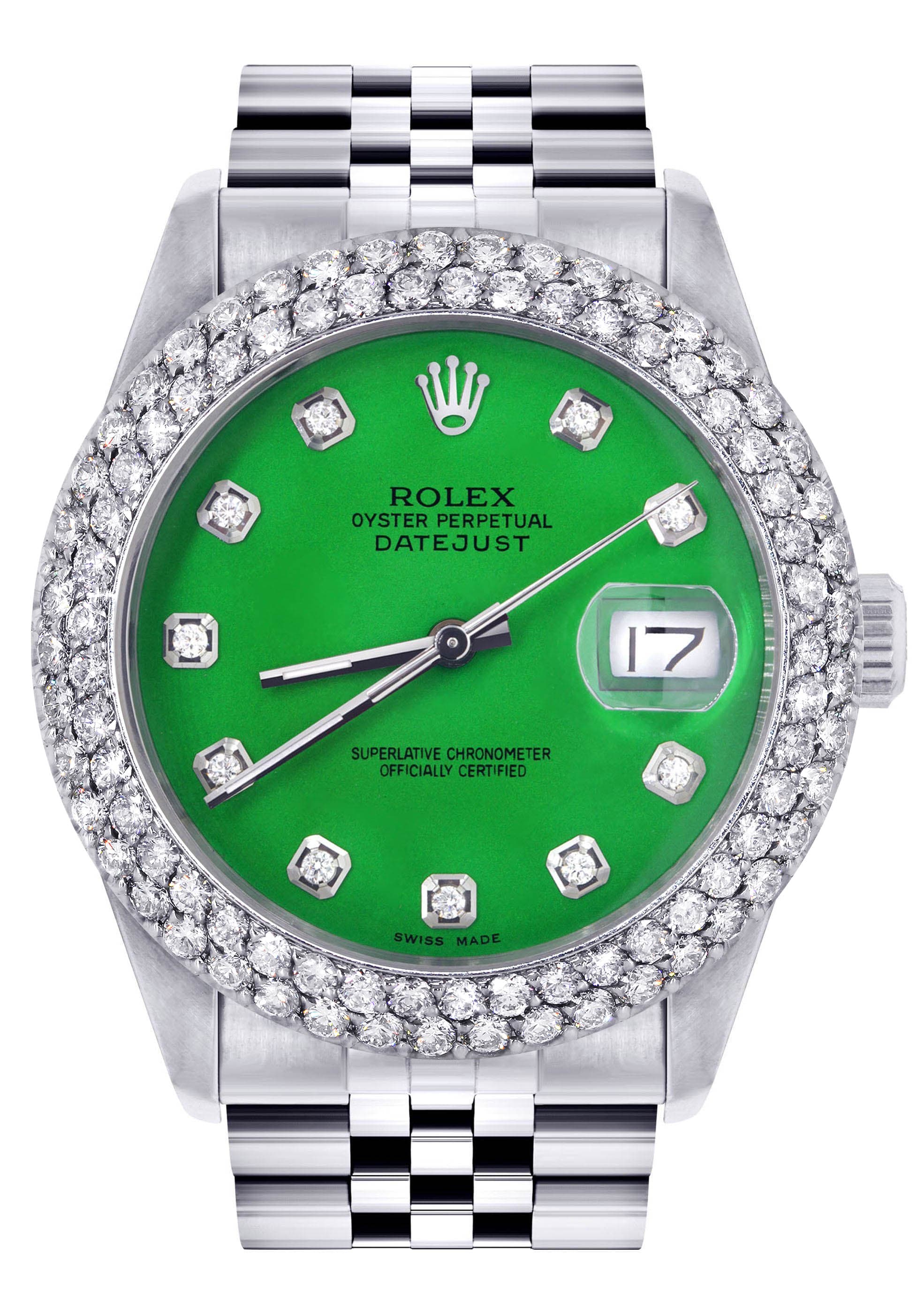 Mens Rolex Datejust Watch 16200 | 36Mm | Green Dial | Two Row 4.25 Carat Bezel | Jubilee Band