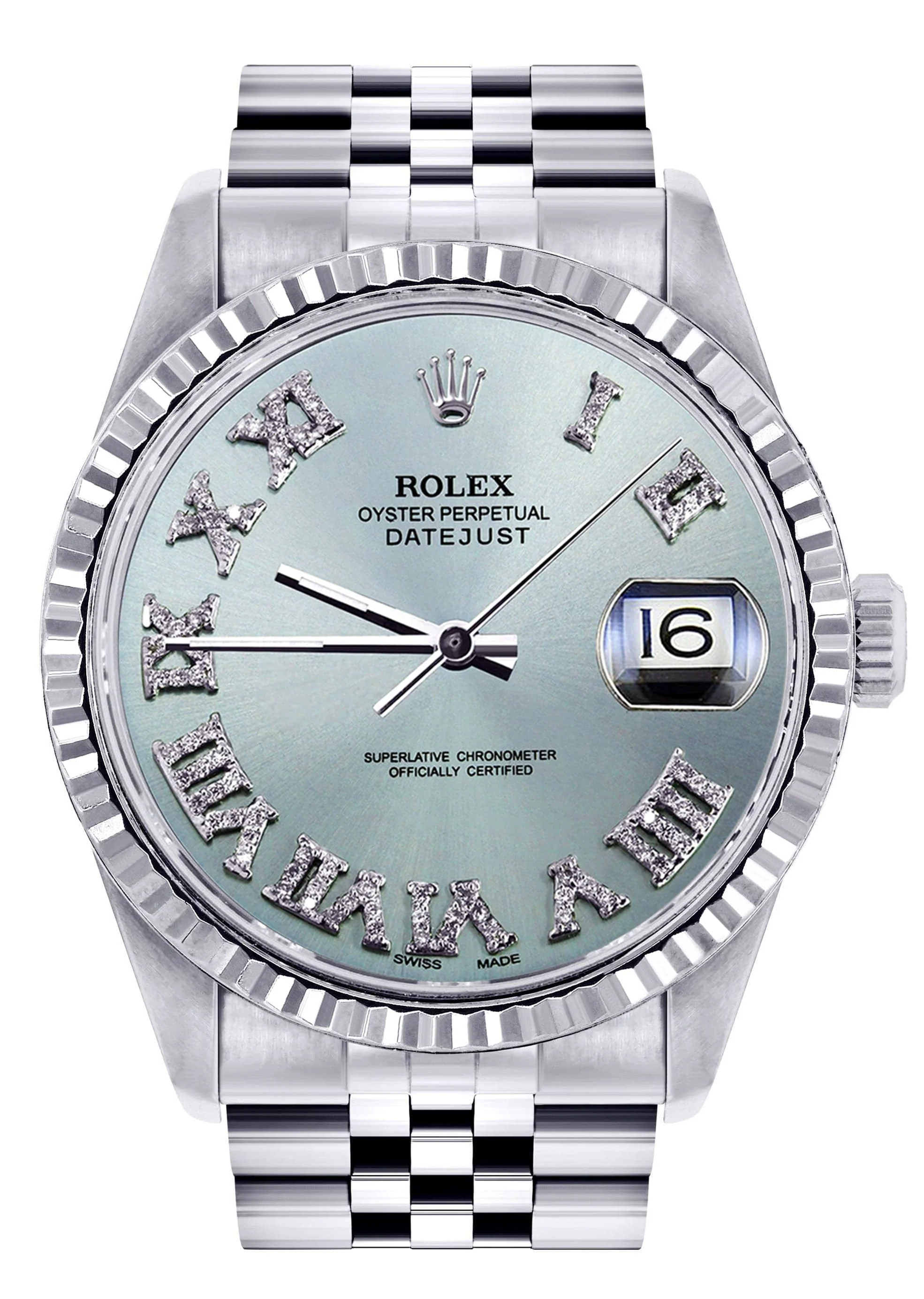 Mens Rolex Datejust Watch 16200 | Fluted Bezel | 36Mm | Light Blue Dial | Jubilee Band