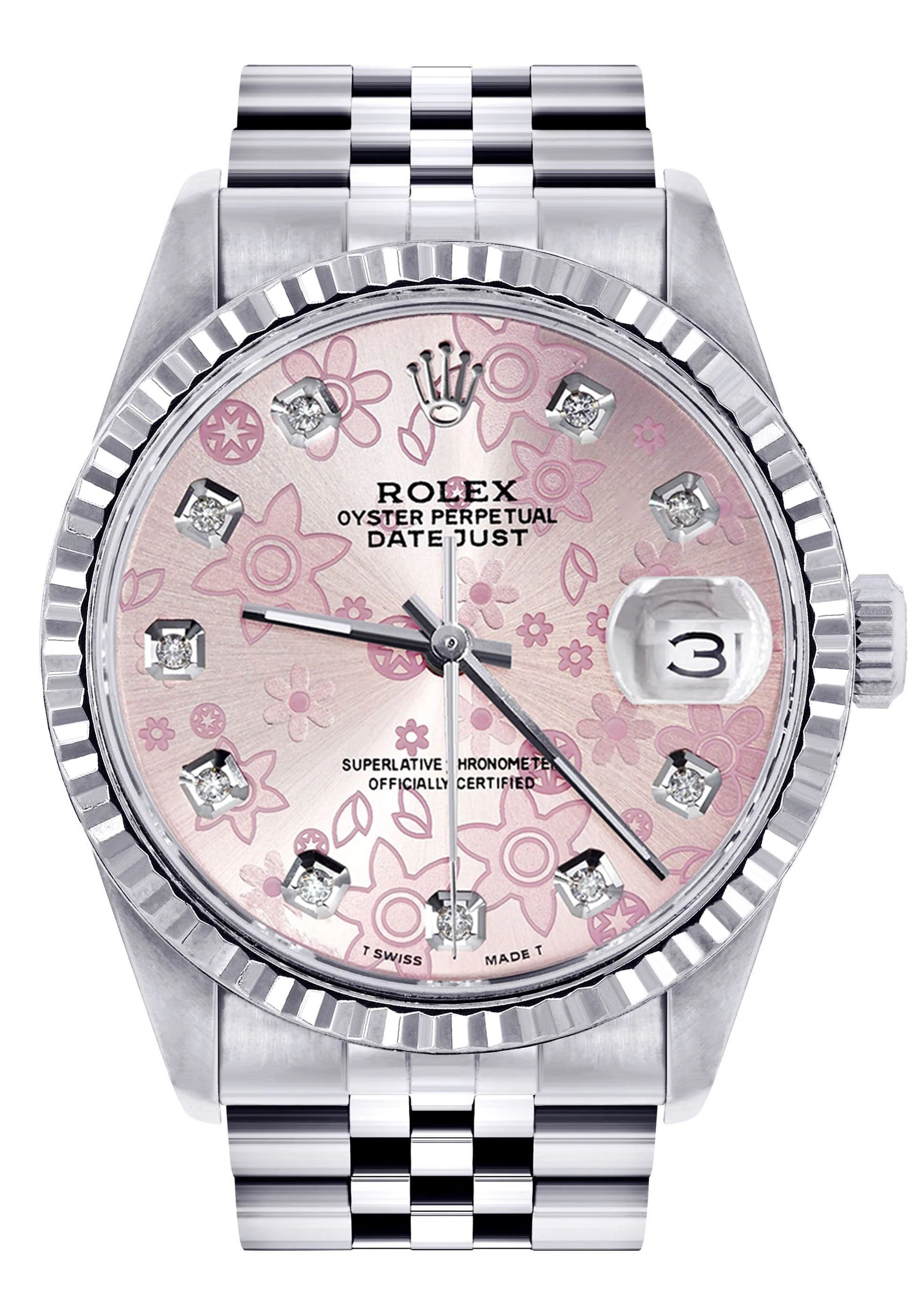Mens Rolex Datejust Watch 16200 | Fluted Bezel | 36Mm | Pink Flower Dial | Jubilee Band