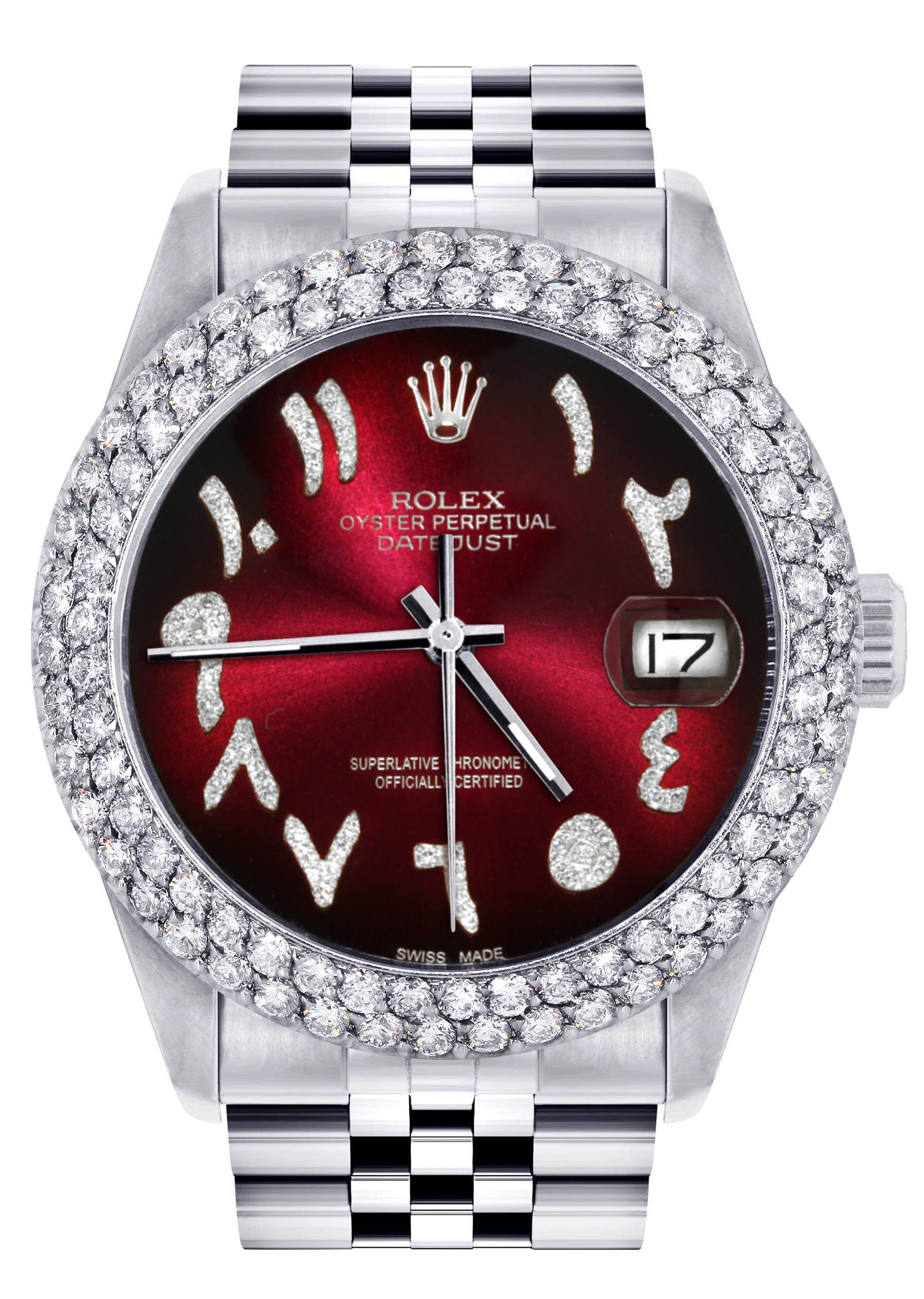 Mens Rolex Datejust Watch 16200 | 36Mm | Red Black Arabic Diamond Dial | Two Row 4.25 Carat Bezel | Jubilee Band