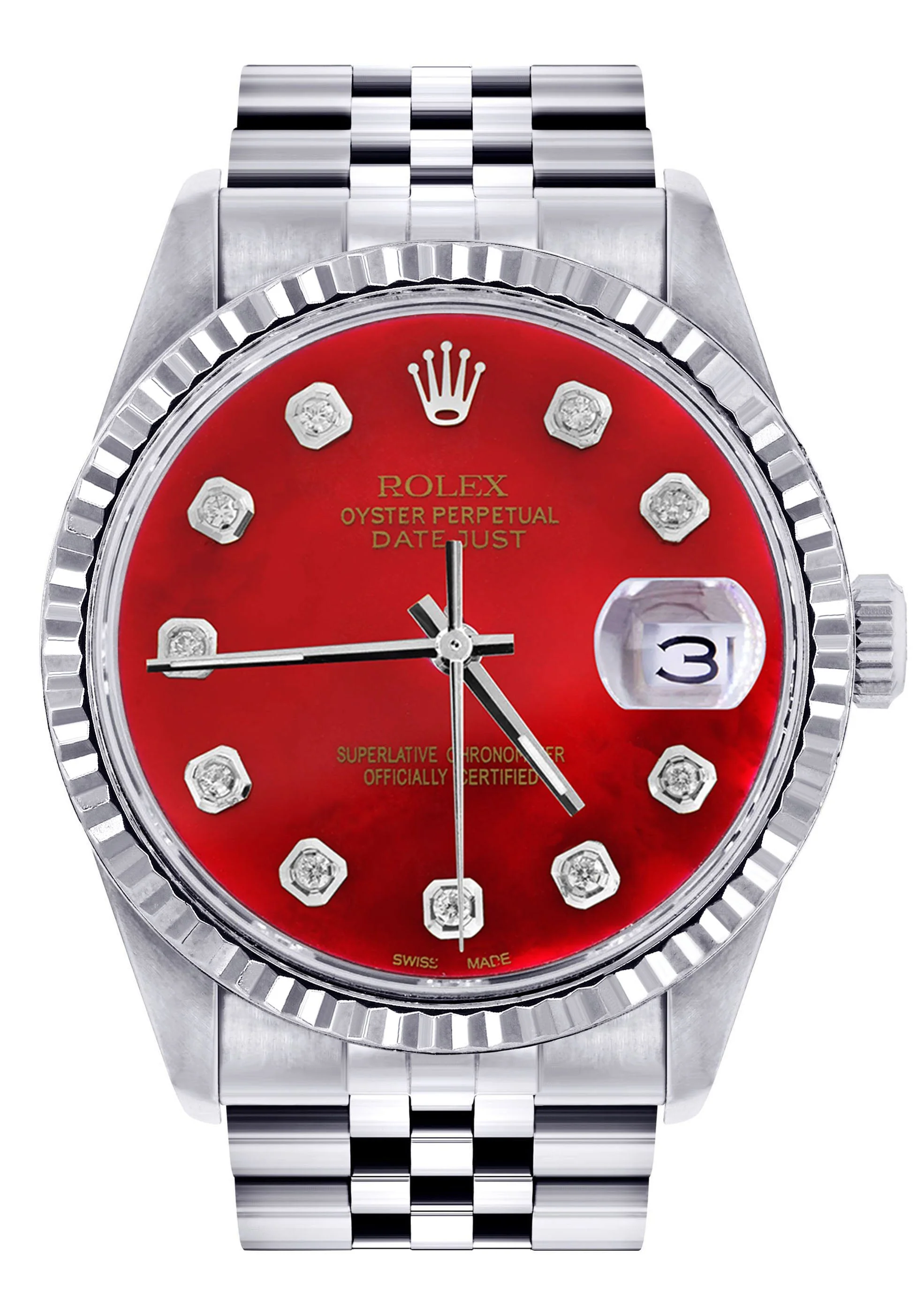 Womens Rolex Datejust Watch 16200 | 36Mm | Red Dial | Fluted Bezel | Jubilee Band