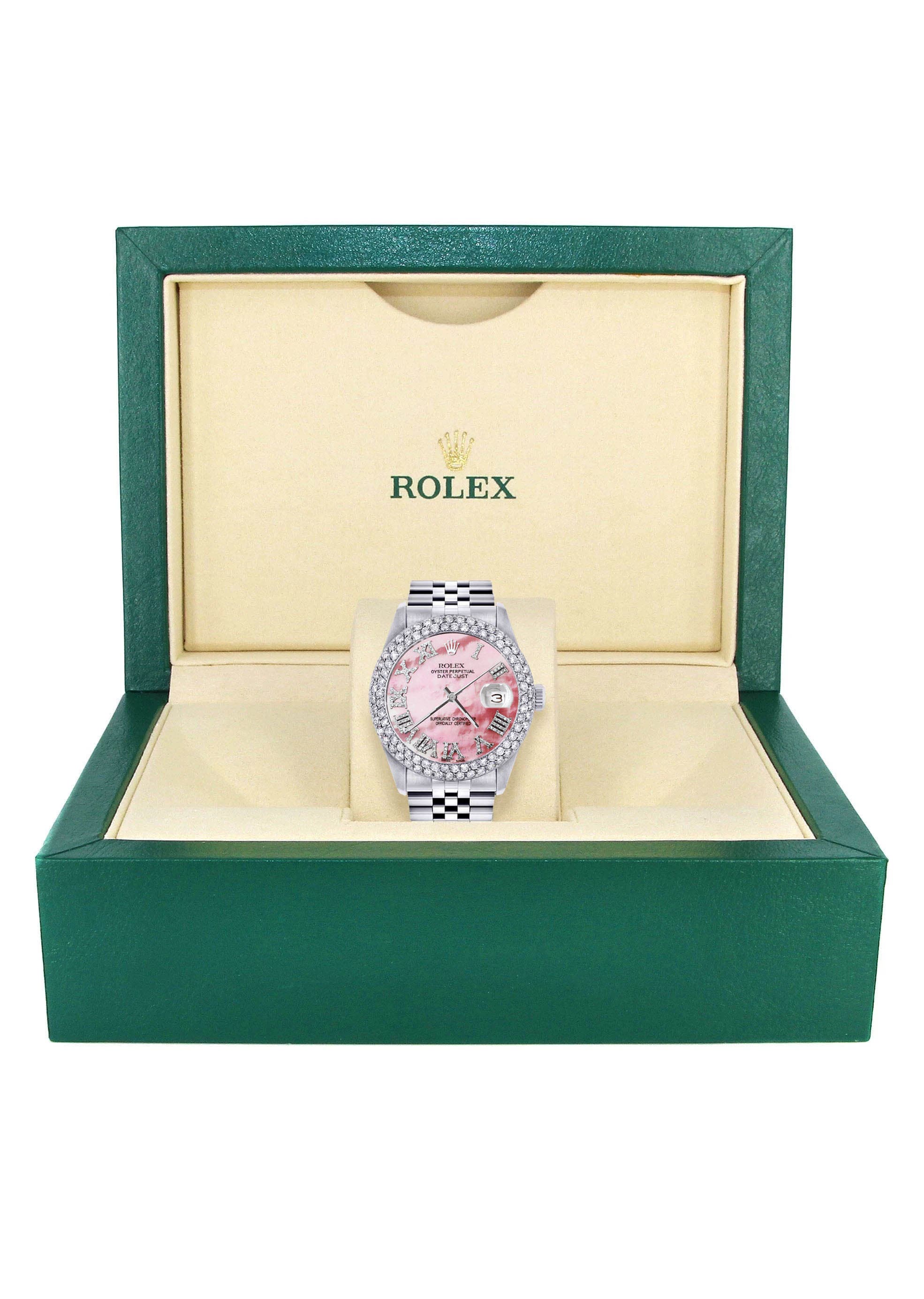 Mens Rolex Datejust Watch 16200 | 36Mm | Rose Mother of Pearl Roman Numeral Dial | Two Row 4.25 Carat Bezel | Jubilee Band - Image 6