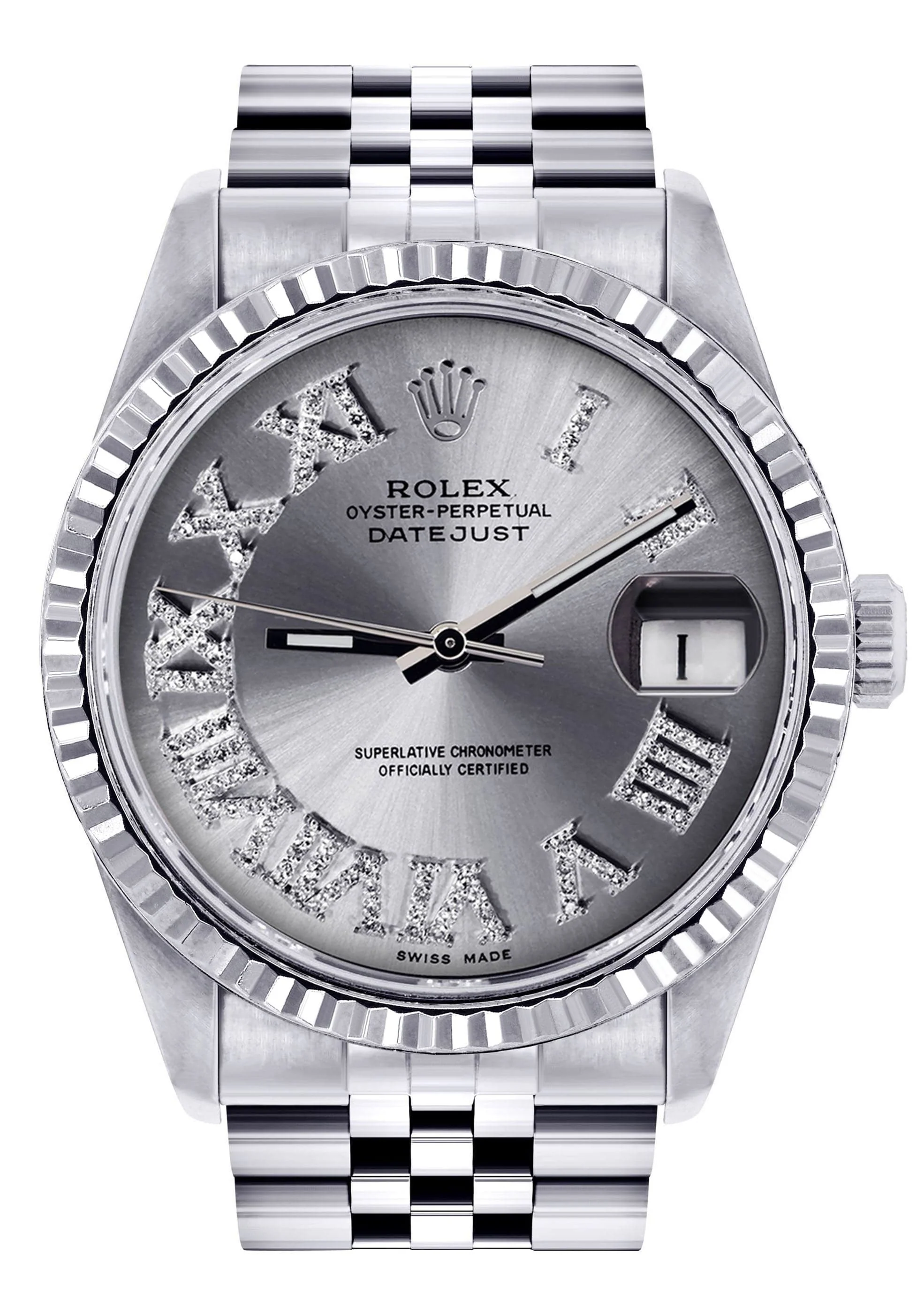 Mens Rolex Datejust Watch 16200 | Fluted Bezel | 36Mm | Silver Roman Numeral Dial | Jubilee Band