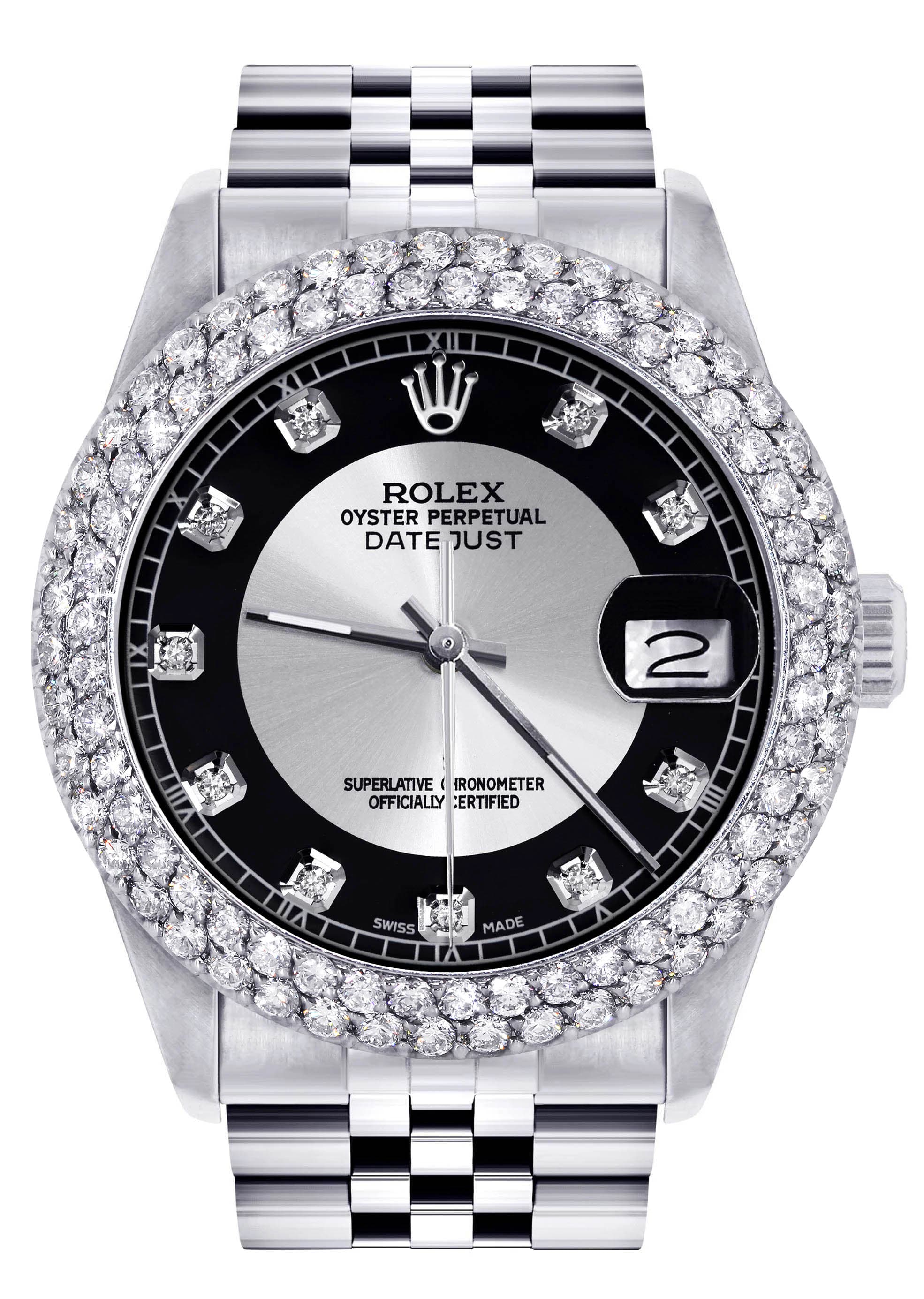 Mens Rolex Datejust Watch 16200 | 36Mm | Tuxedo Dial | Two Row 4.25 Carat Bezel | Jubilee Band