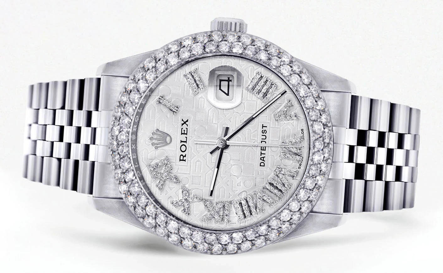 Mens Rolex Datejust Watch 16200 | 36Mm | White Texture Roman Numeral Dial | Two Row 4.25 Carat Bezel | Jubilee Band - Image 2