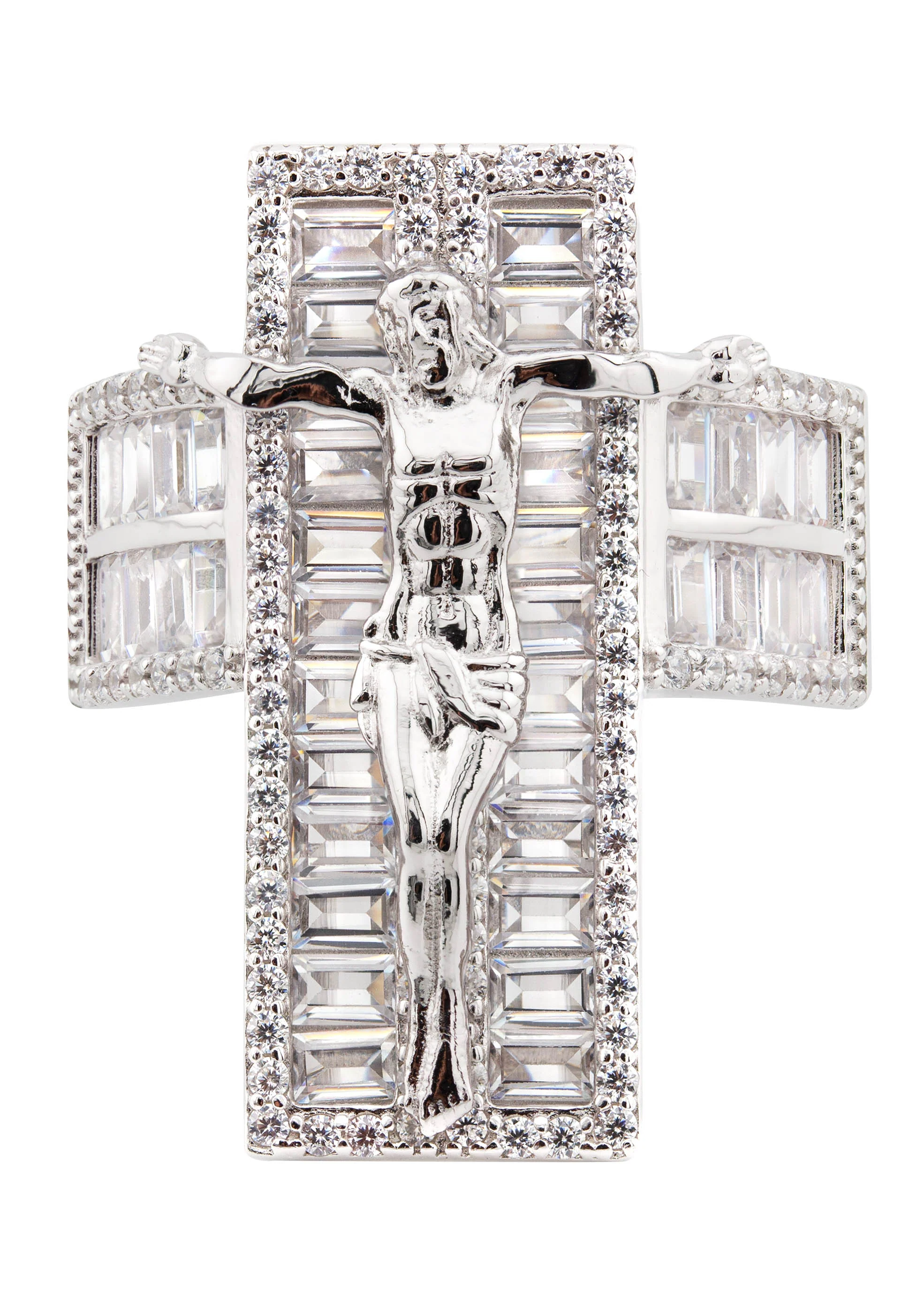 Mens Silver Baguette Cross Ring | Appx 10 Grams