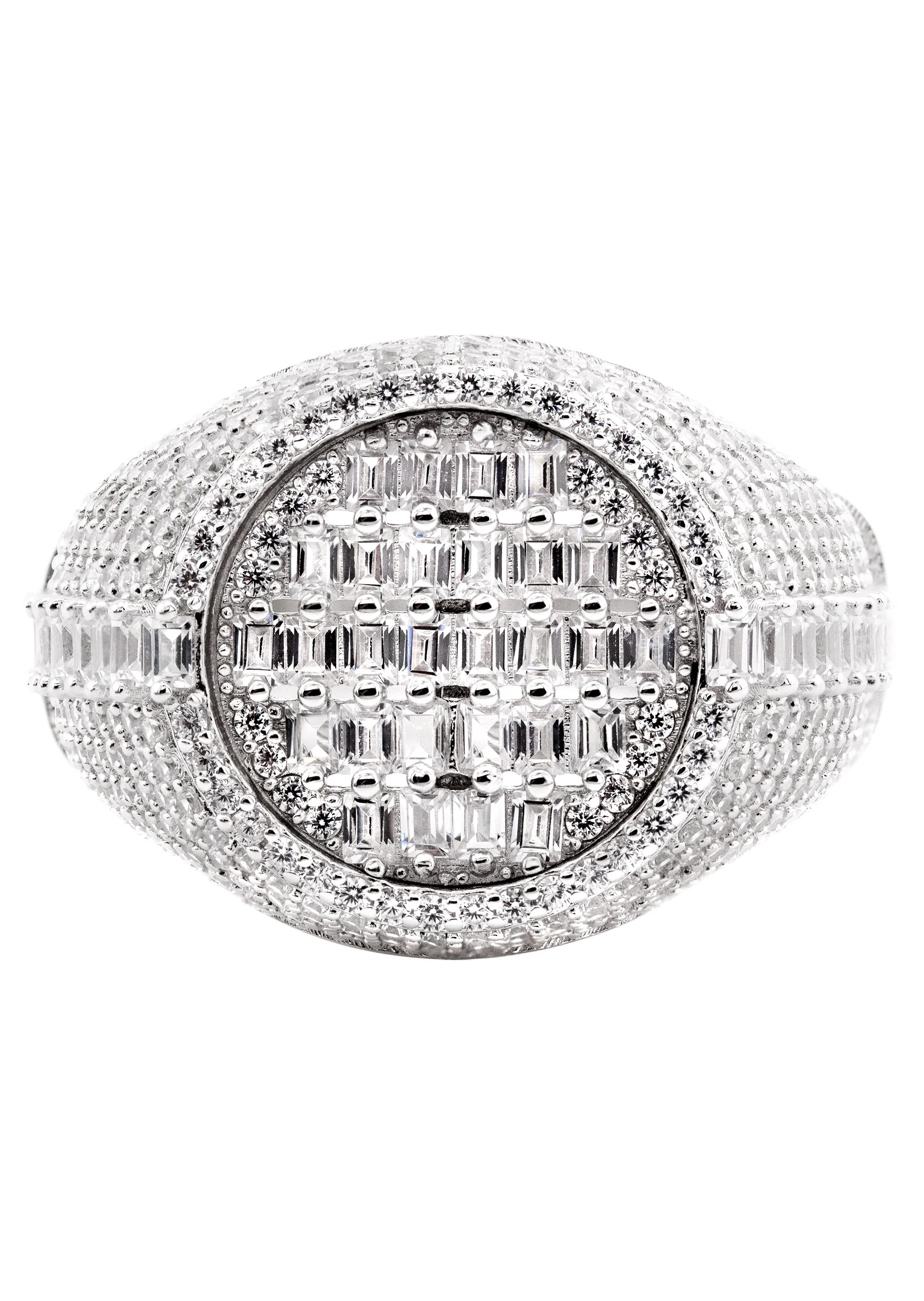 Mens Silver Baguette & Round Signet Ring | Appx 8.5 Grams