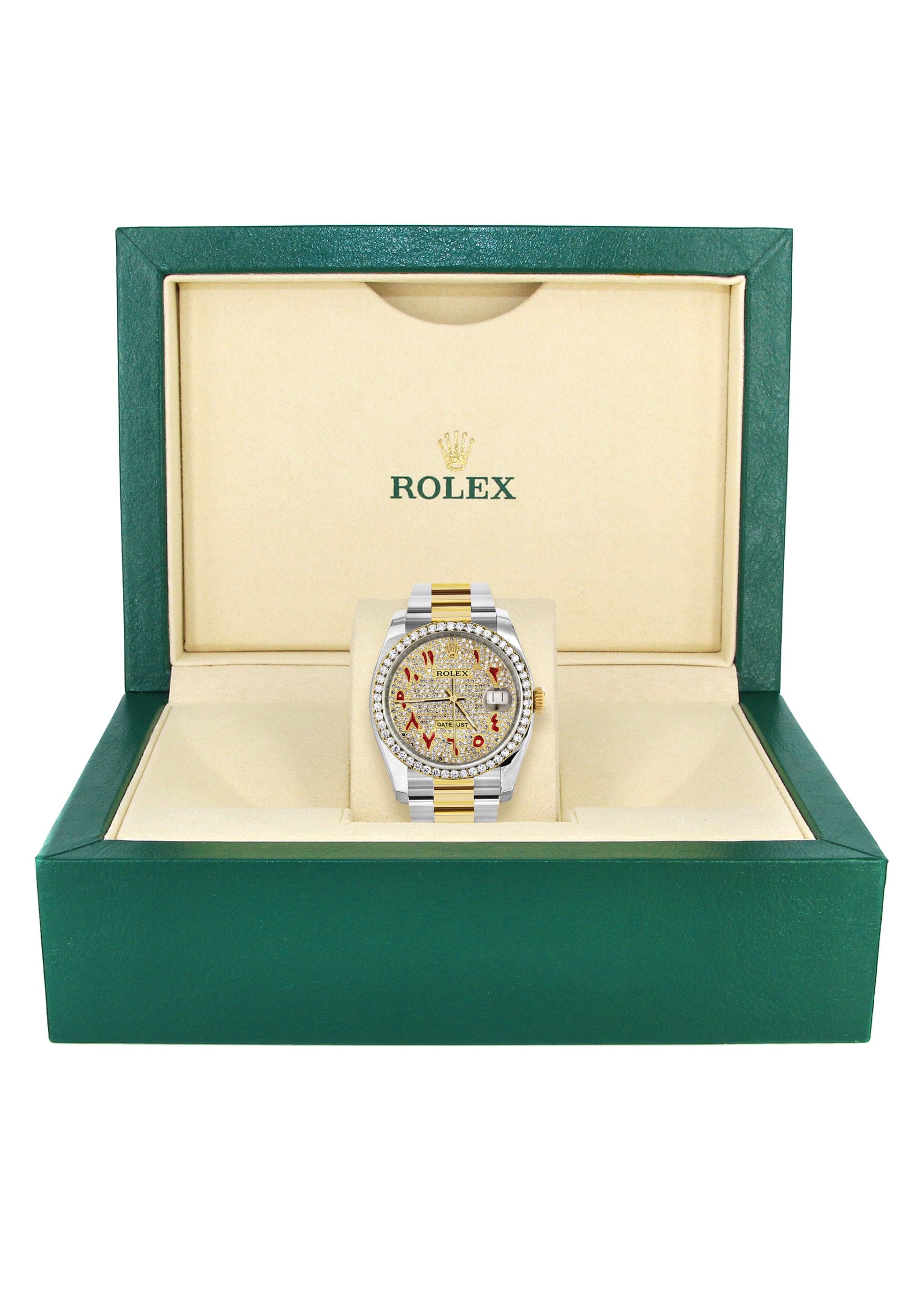 116233 | Diamond Gold Rolex Watch For Men | 36MM | Red Arabic Diamond Dial | Oyster Band - Image 2