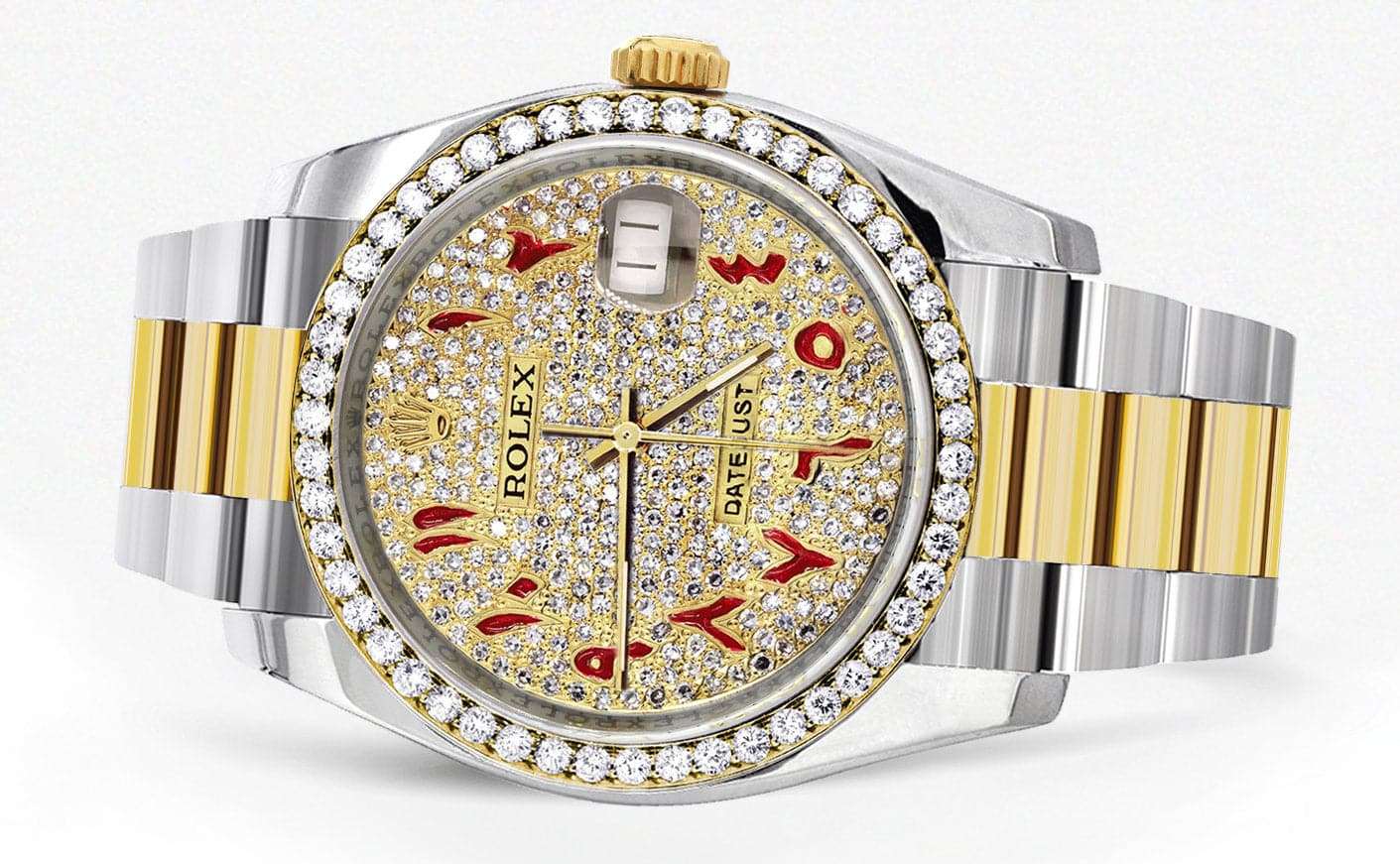 116233 | Diamond Gold Rolex Watch For Men | 36MM | Red Arabic Diamond Dial | Oyster Band - Image 4