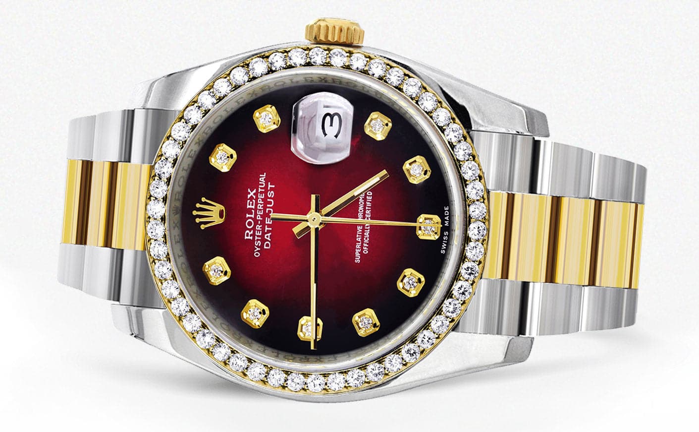 116233 | Diamond Gold Rolex Watch For Men | 36Mm | Red Black Dial | Oyster Band - Image 4