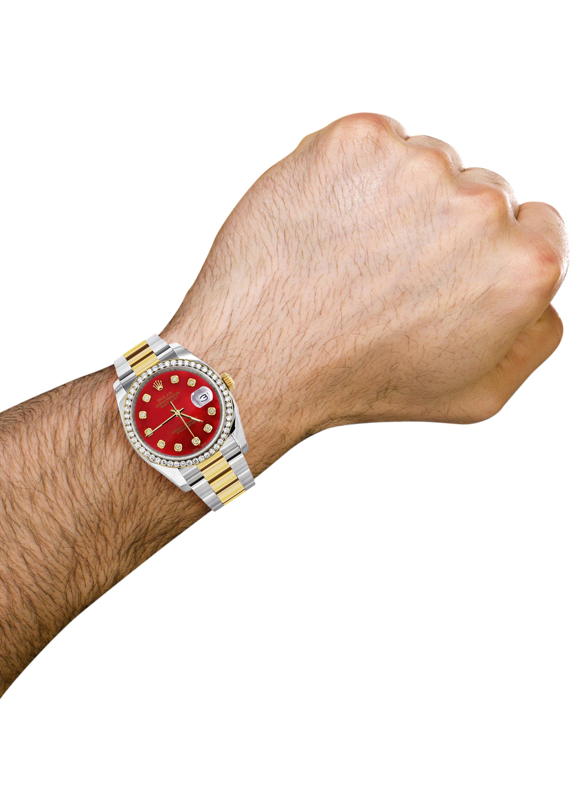 116233 | Diamond Gold Rolex Watch For Men | 36Mm | Red Dial | Oyster Band - Image 3