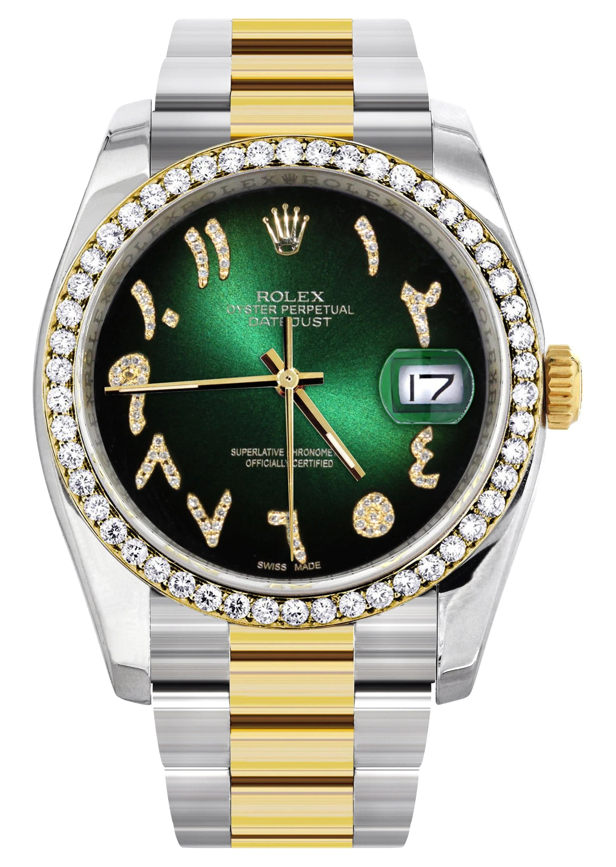 116233 | Gold & Steel Rolex Datejust Watch | 36Mm | Green Black Arabic Diamond Dial | Oyster Band