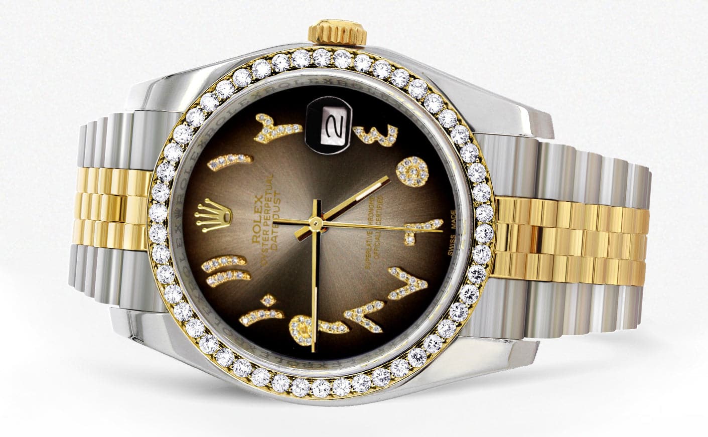 116233 | Hidden Clasp | Gold & Steel Rolex Datejust Watch | 36Mm | Brown Arabic Diamond Dial | Jubilee Band - Image 2
