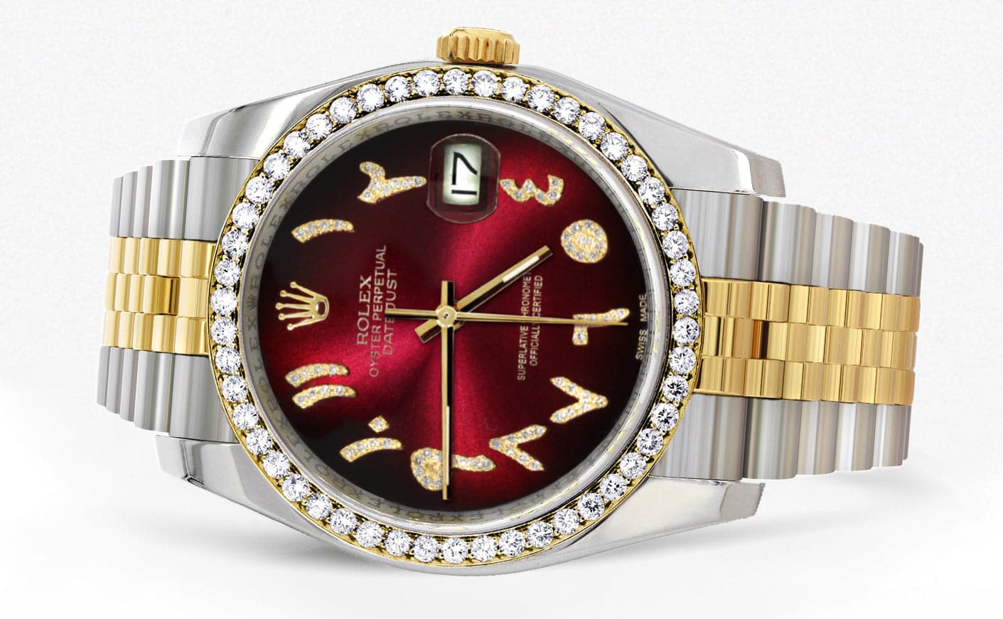116233 | Hidden Clasp | Gold & Steel Rolex Datejust Watch | 36Mm | Red Black Arabic Diamond Dial | Jubilee Band - Image 2