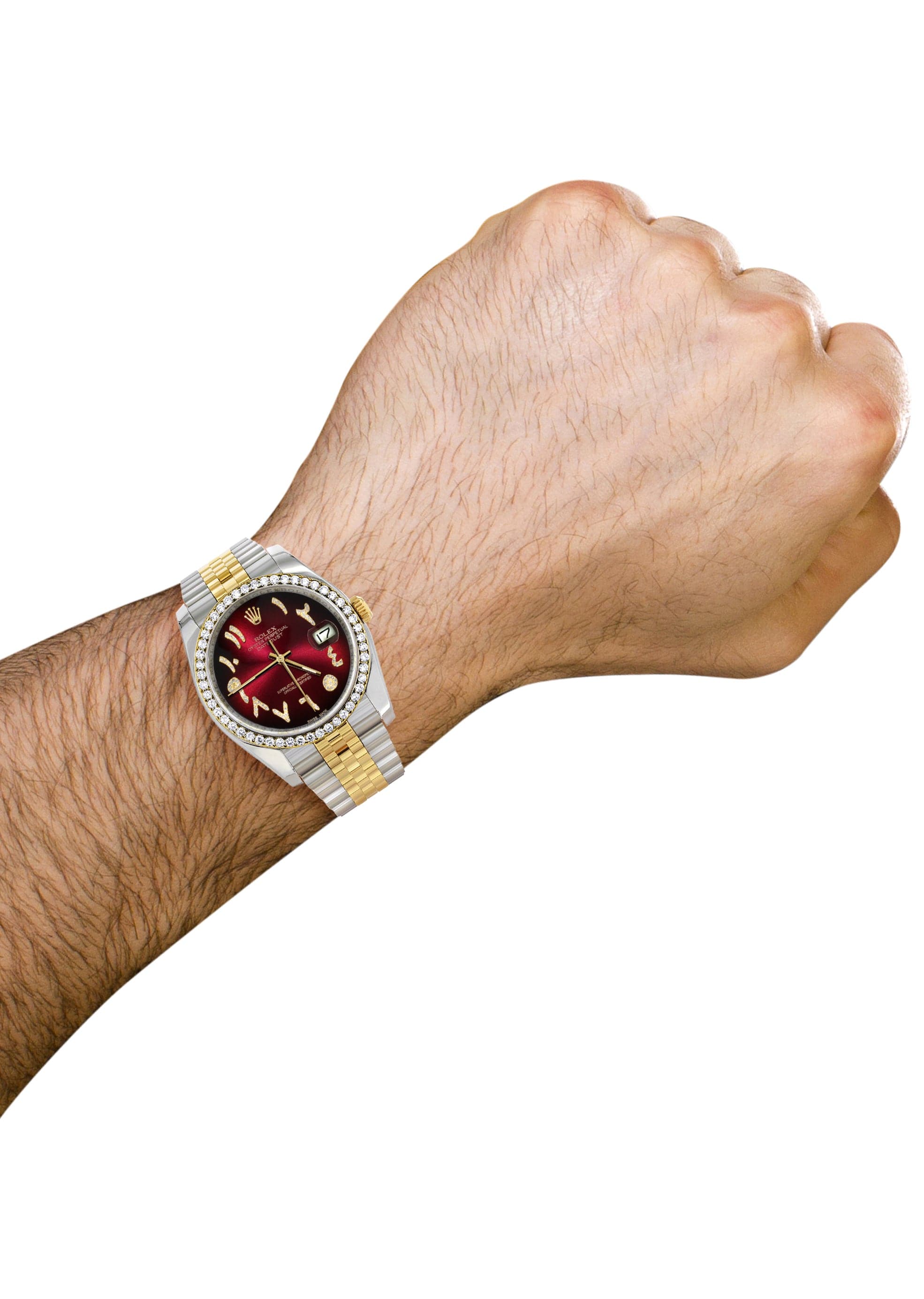 116233 | Hidden Clasp | Gold & Steel Rolex Datejust Watch | 36Mm | Red Black Arabic Diamond Dial | Jubilee Band - Image 3