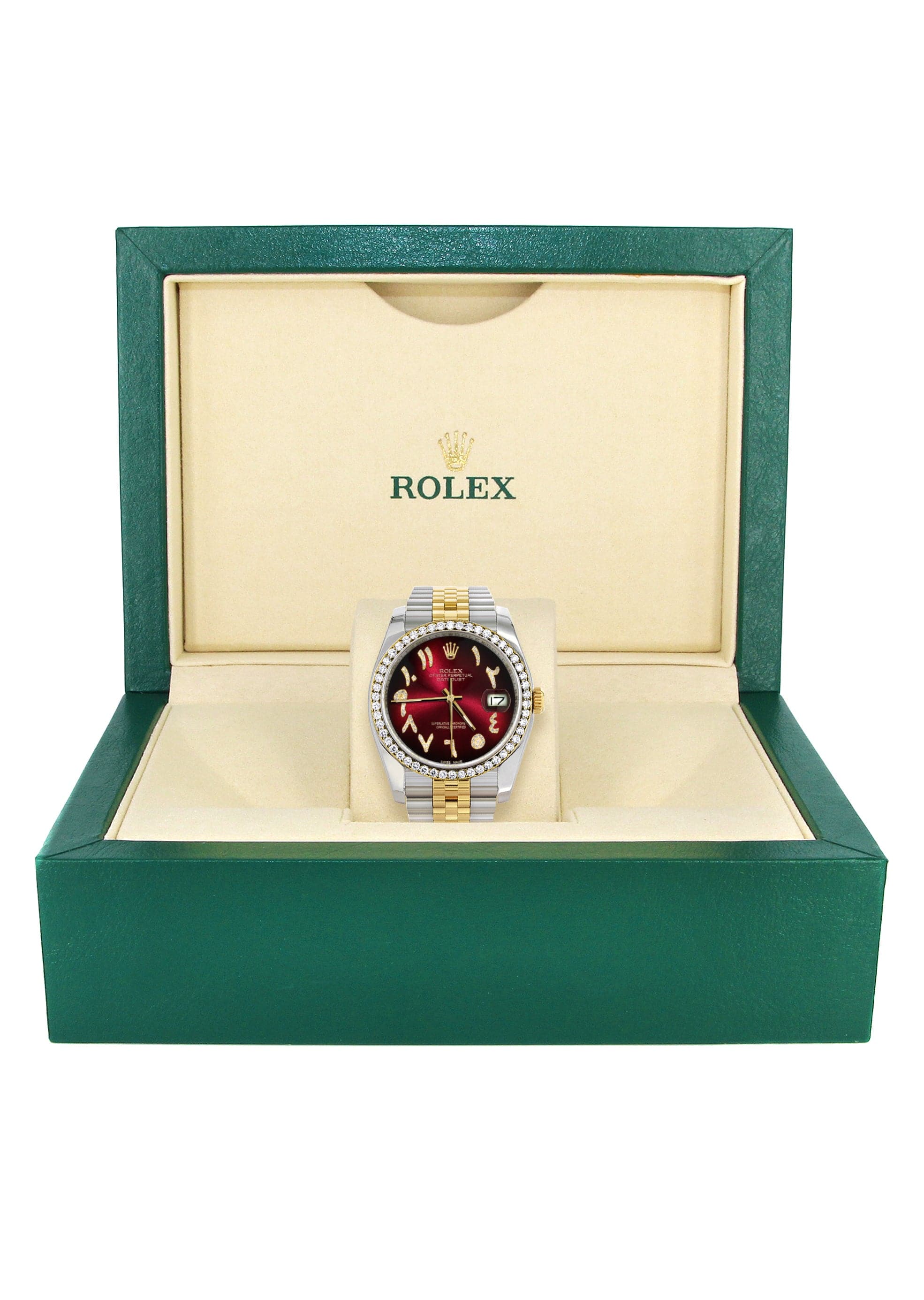 116233 | Hidden Clasp | Gold & Steel Rolex Datejust Watch | 36Mm | Red Black Arabic Diamond Dial | Jubilee Band - Image 7