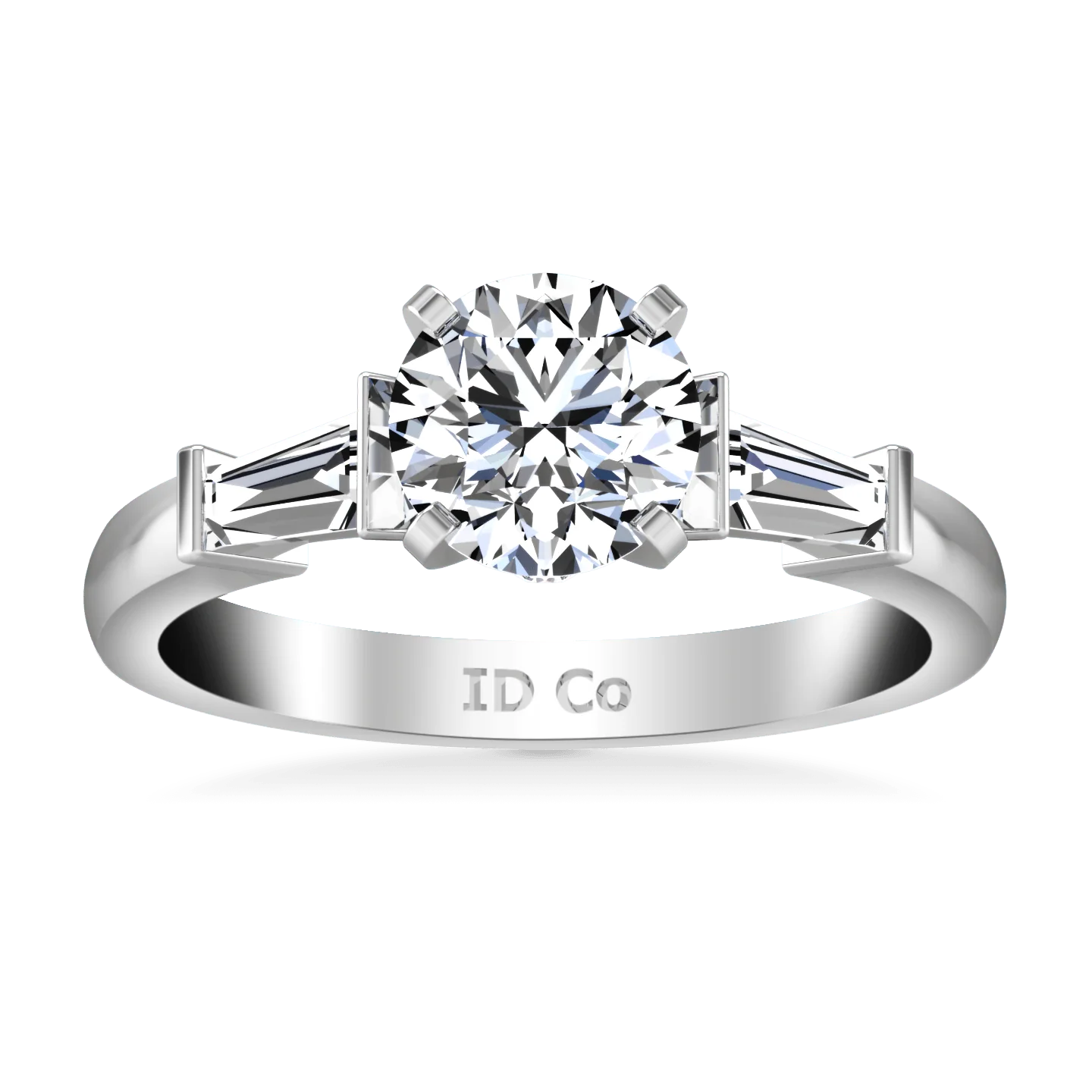 Round Diamond Pave Engagement Ring Classic Baguette 14K White Gold
