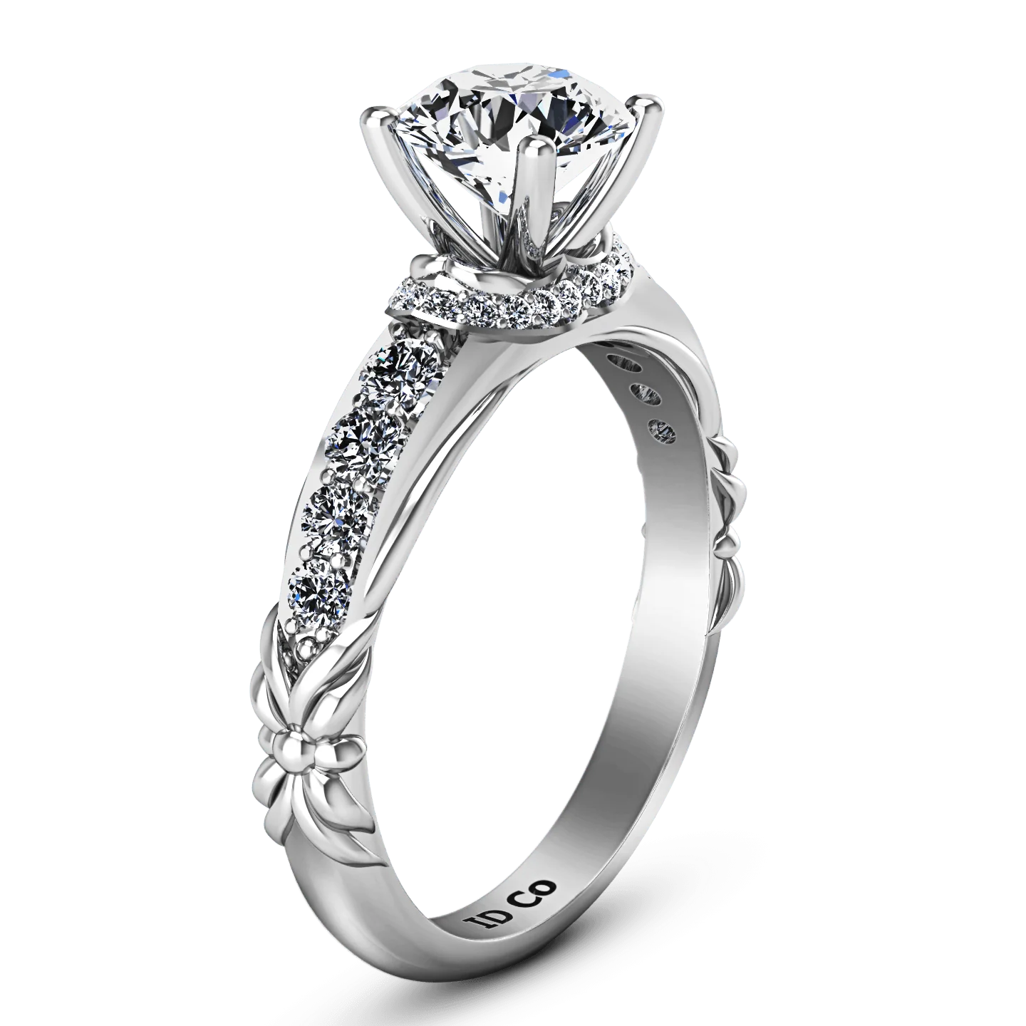 Round Diamond Pave Engagement Ring Flora 14K White Gold - Image 2
