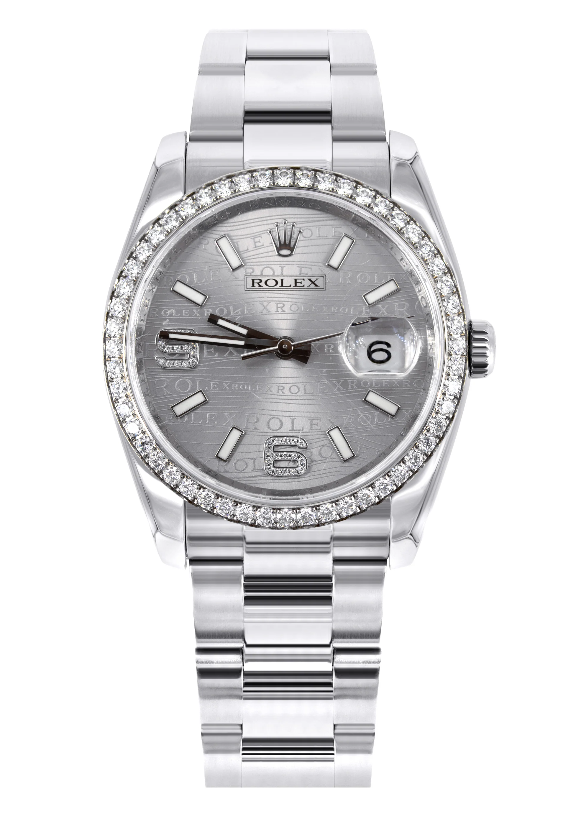 ROLEX DATEJUST 36 MM | OYSTER STEEL WATCH | SILVER DIAMOND WAVE DIAL| 116244 | FACTORY DIAMOND BEZEL