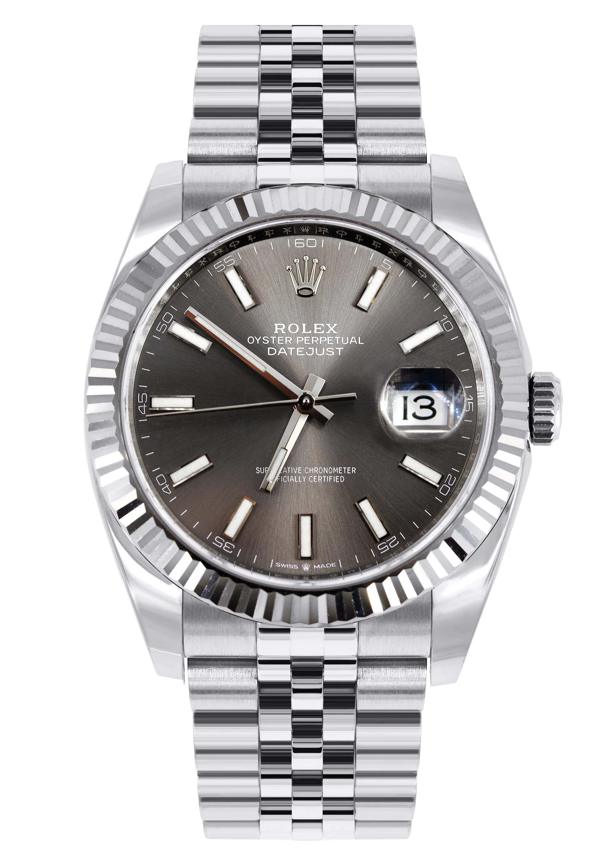 ROLEX DATEJUST 41 MM | STEEL WATCH | JUBILEE BAND | RHODIUM INDEX DIAL | 18K FLUTED BEZEL