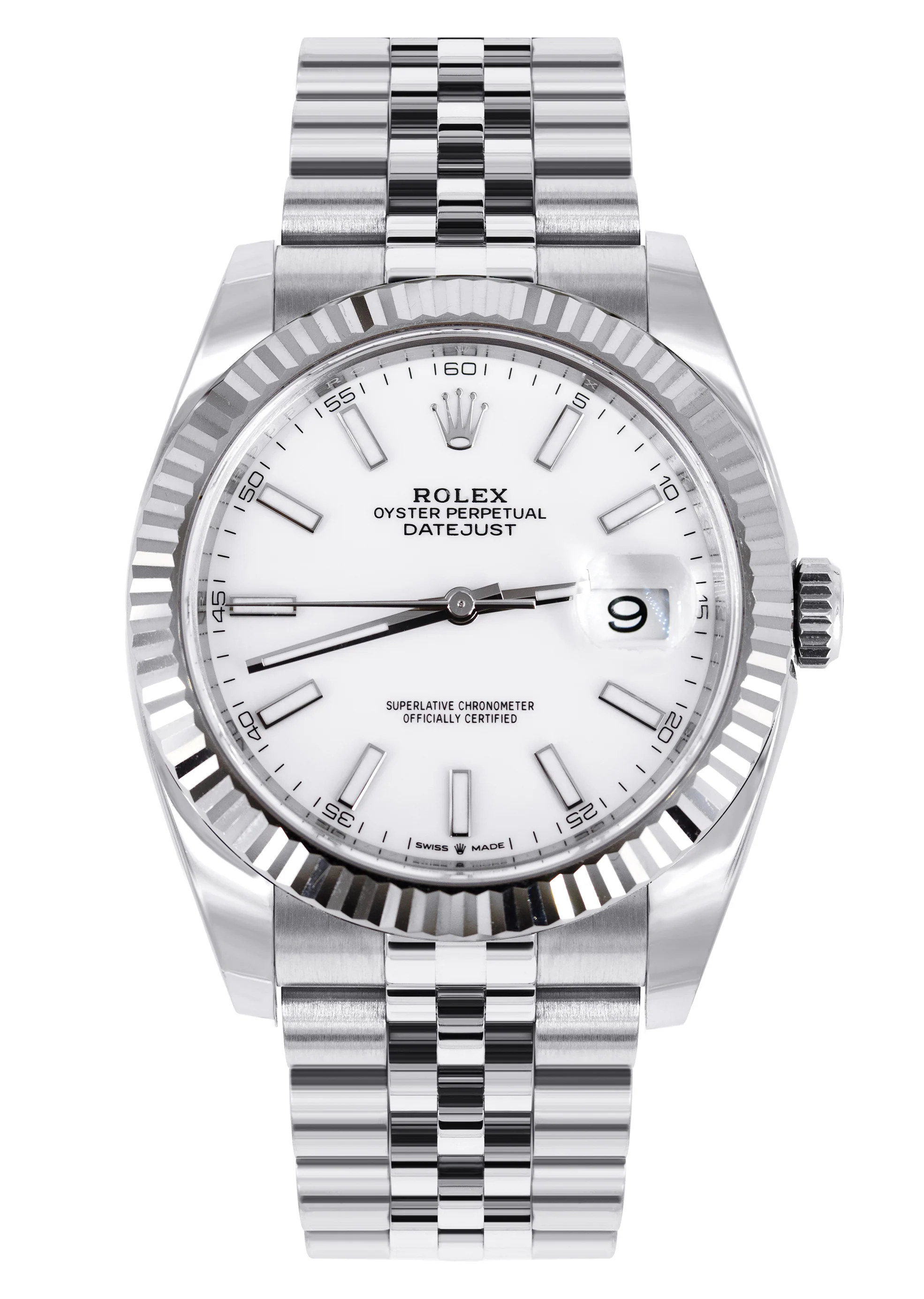 ROLEX DATEJUST 41 MM | STEEL WATCH | JUBILEE BAND | WHITE INDEX DIAL | 18K FLUTED BEZEL