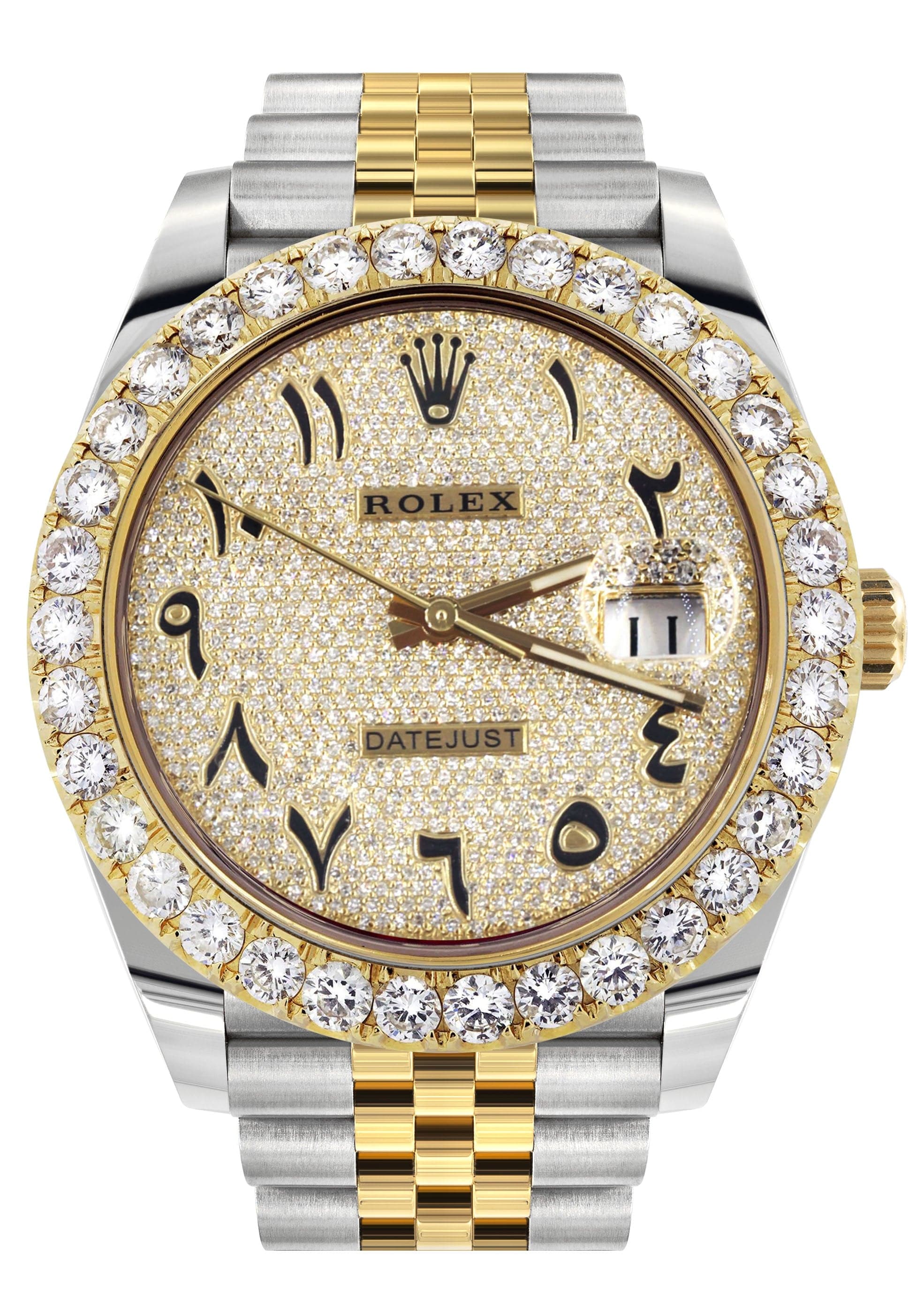 Rolex Datejust 41 Watch | 41 MM | 18K Yellow Gold & Stainless Steel | Custom Iced Out Arabic Diamond Dial | Jubilee Band