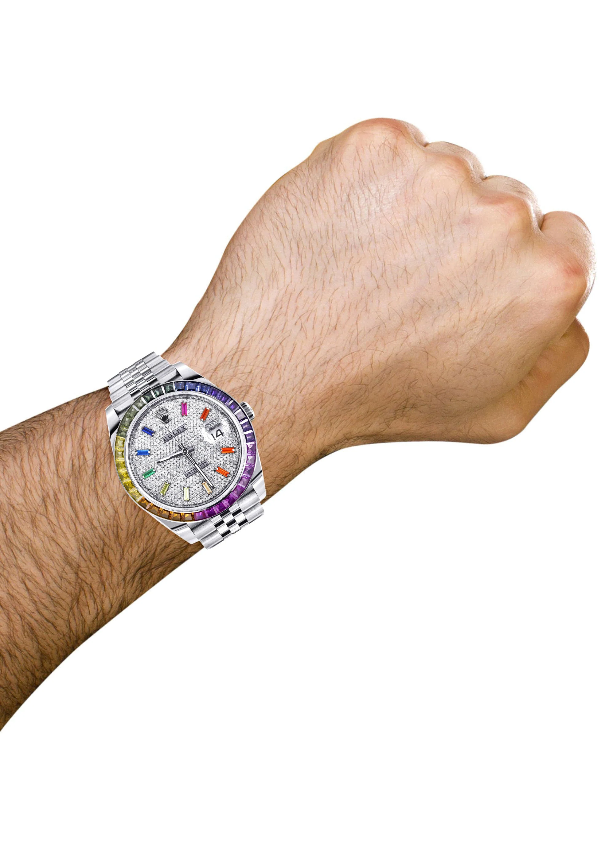 Rolex Datejust 41 Watch | 41 MM | Rainbow Sapphire Bezel | Rainbow Baguettes Diamond Dial | Jubilee Band - Image 3