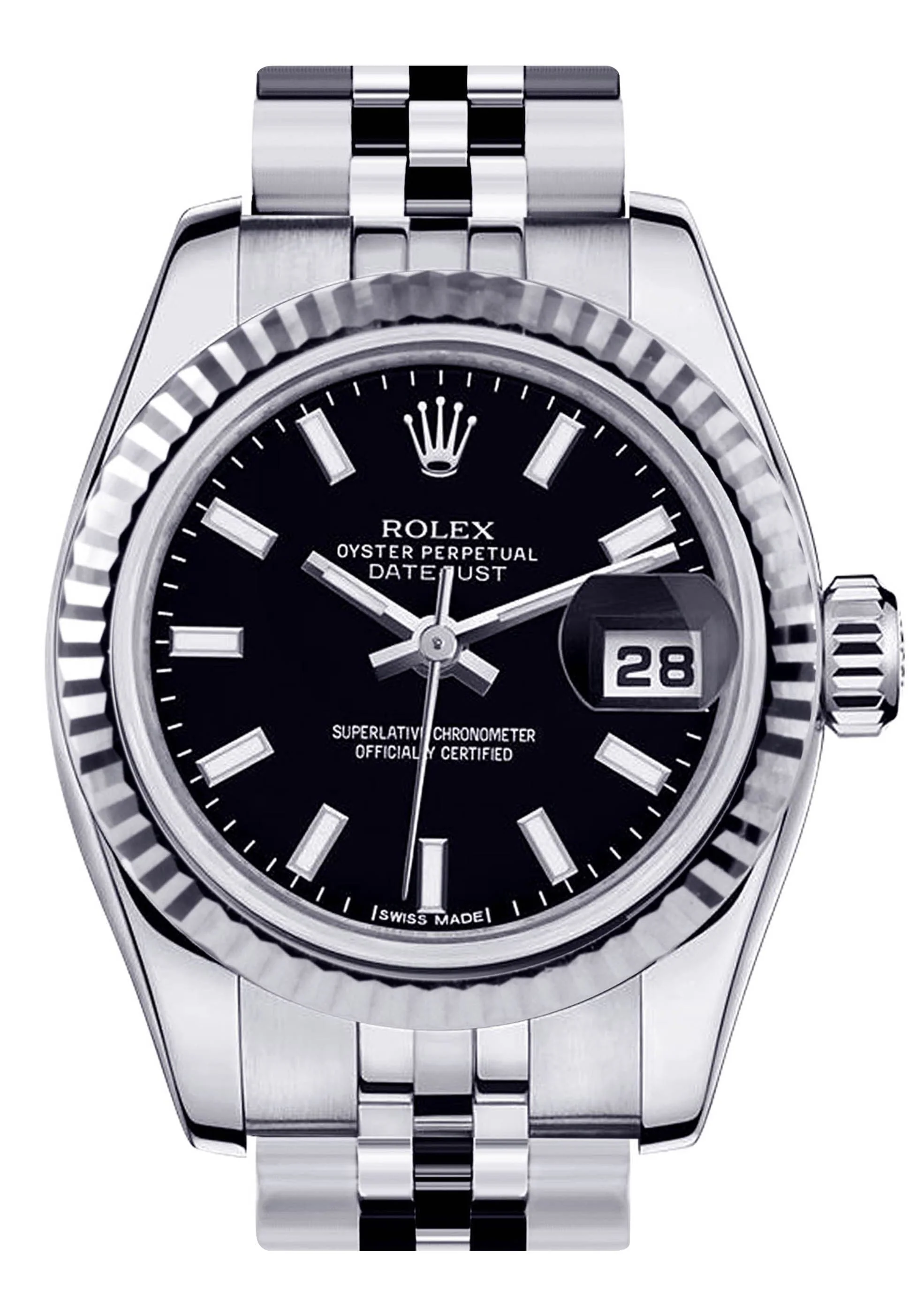 Rolex Datejust Watch For Women | Stainless Steel | 18K White Gold Fluted Bezel | 26 Mm