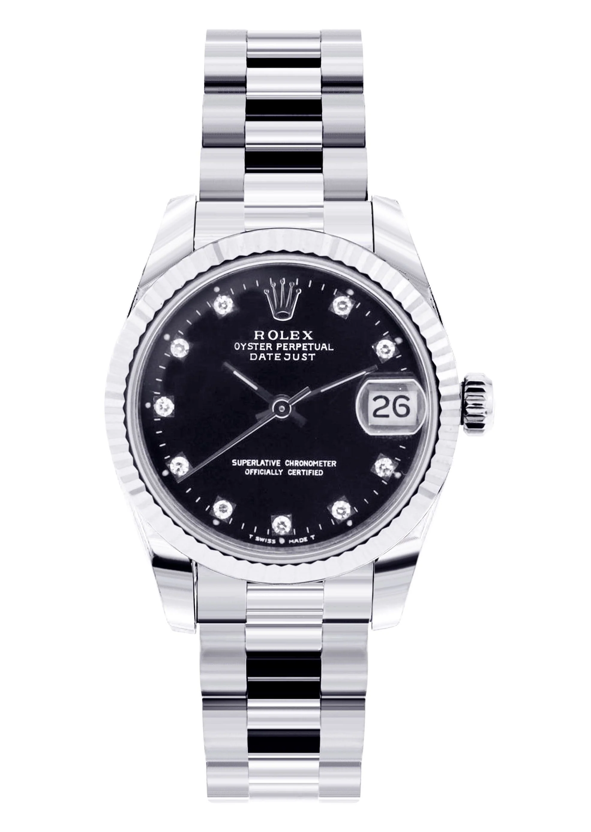 Rolex Datejust Watch For Women | Stainless Steel | Presidential Band | Custom Black Diamond Dial | 31 Mm - Image 2
