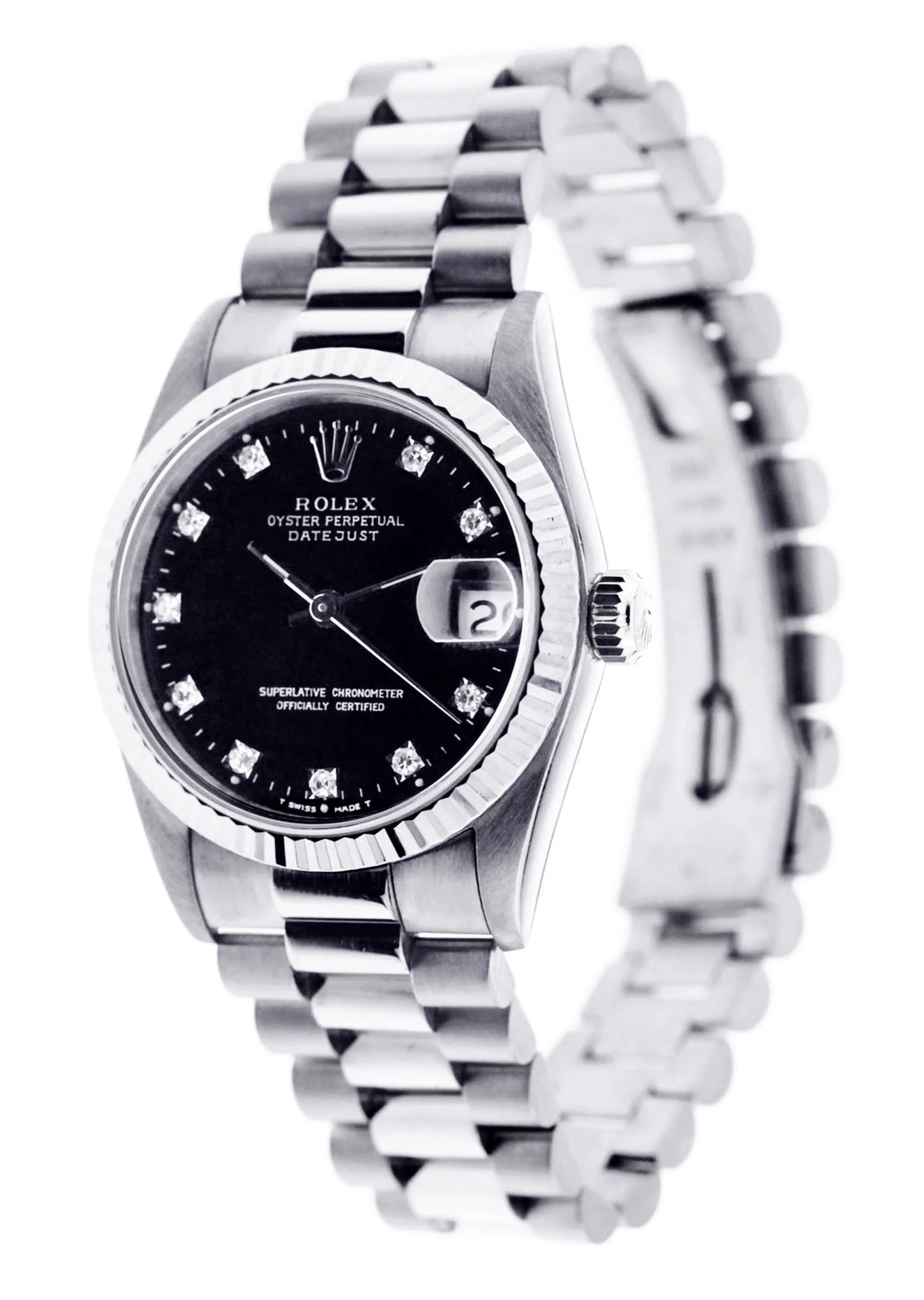 Rolex Datejust Watch For Women | Stainless Steel | Presidential Band | Custom Black Diamond Dial | 31 Mm - Image 3