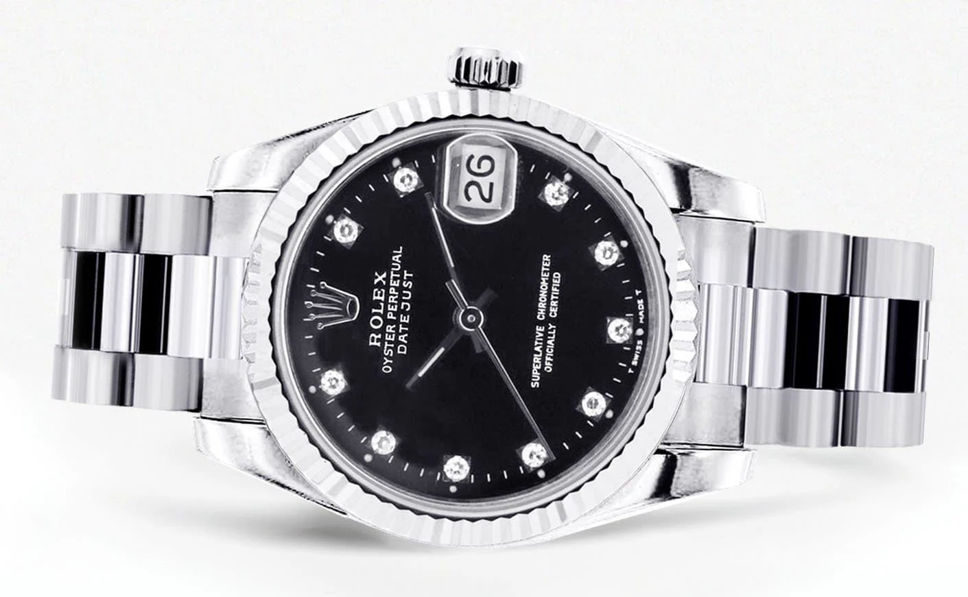 Rolex Datejust Watch For Women | Stainless Steel | Presidential Band | Custom Black Diamond Dial | 31 Mm - Image 6