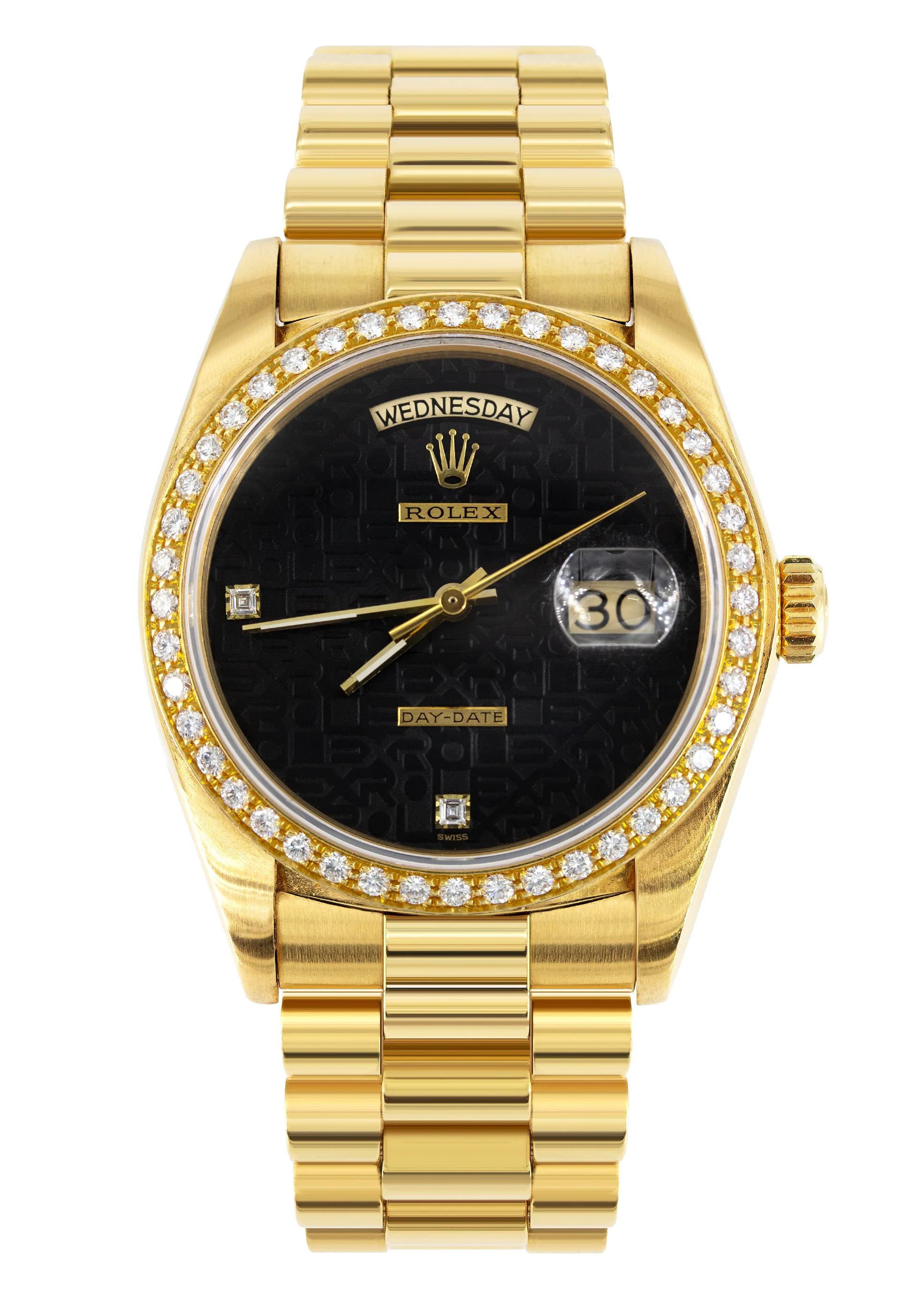 Rolex Day Date | 18k Gold 18038 | 36mm Black Rare Jubilee 6 & 9 Diamond Dial | Diamond Bezel