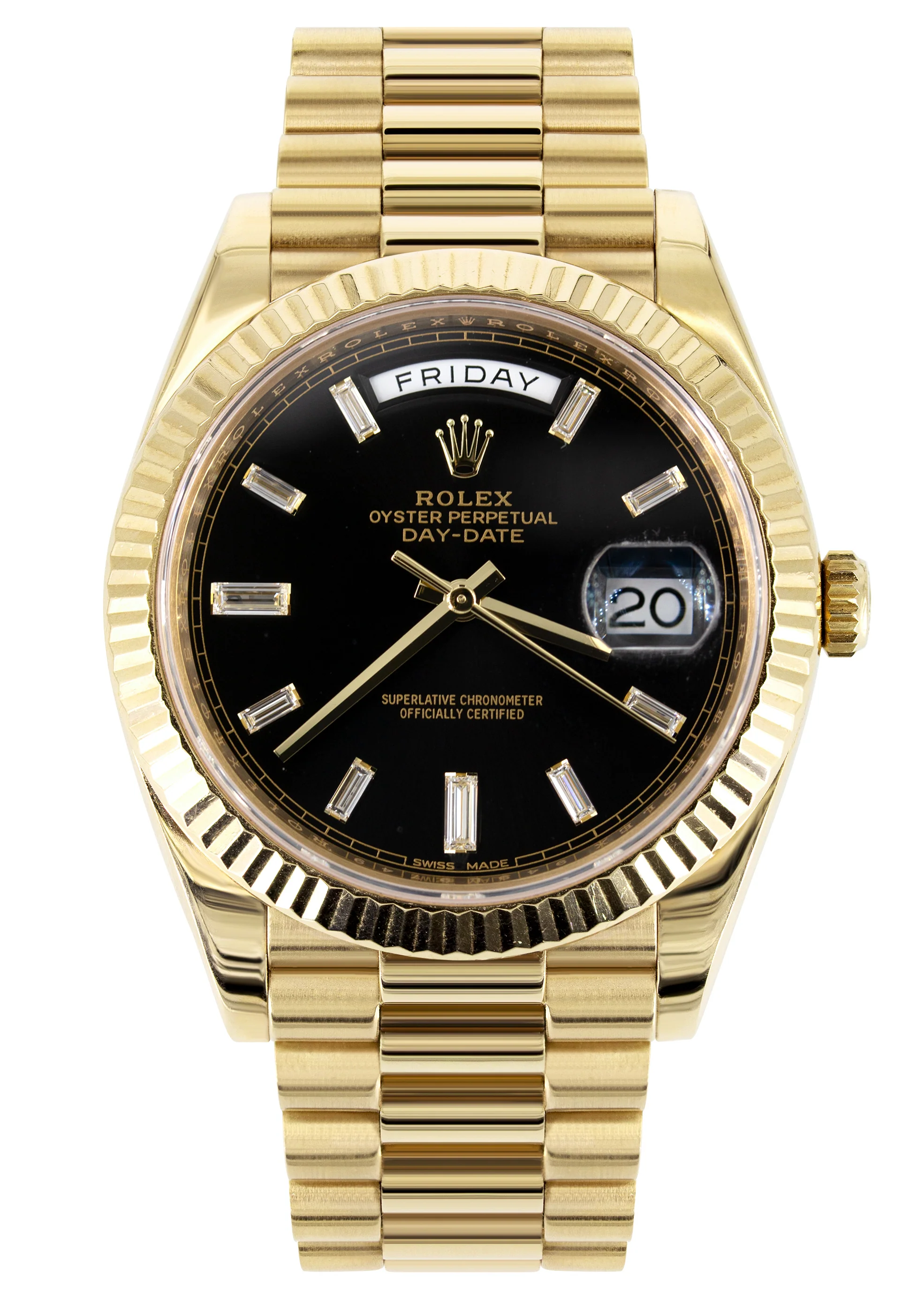 Rolex Day-Date 40 Presidential | 18k Yellow Gold 228238 | Black Diamond Baguette Dial | Fluted Bezel