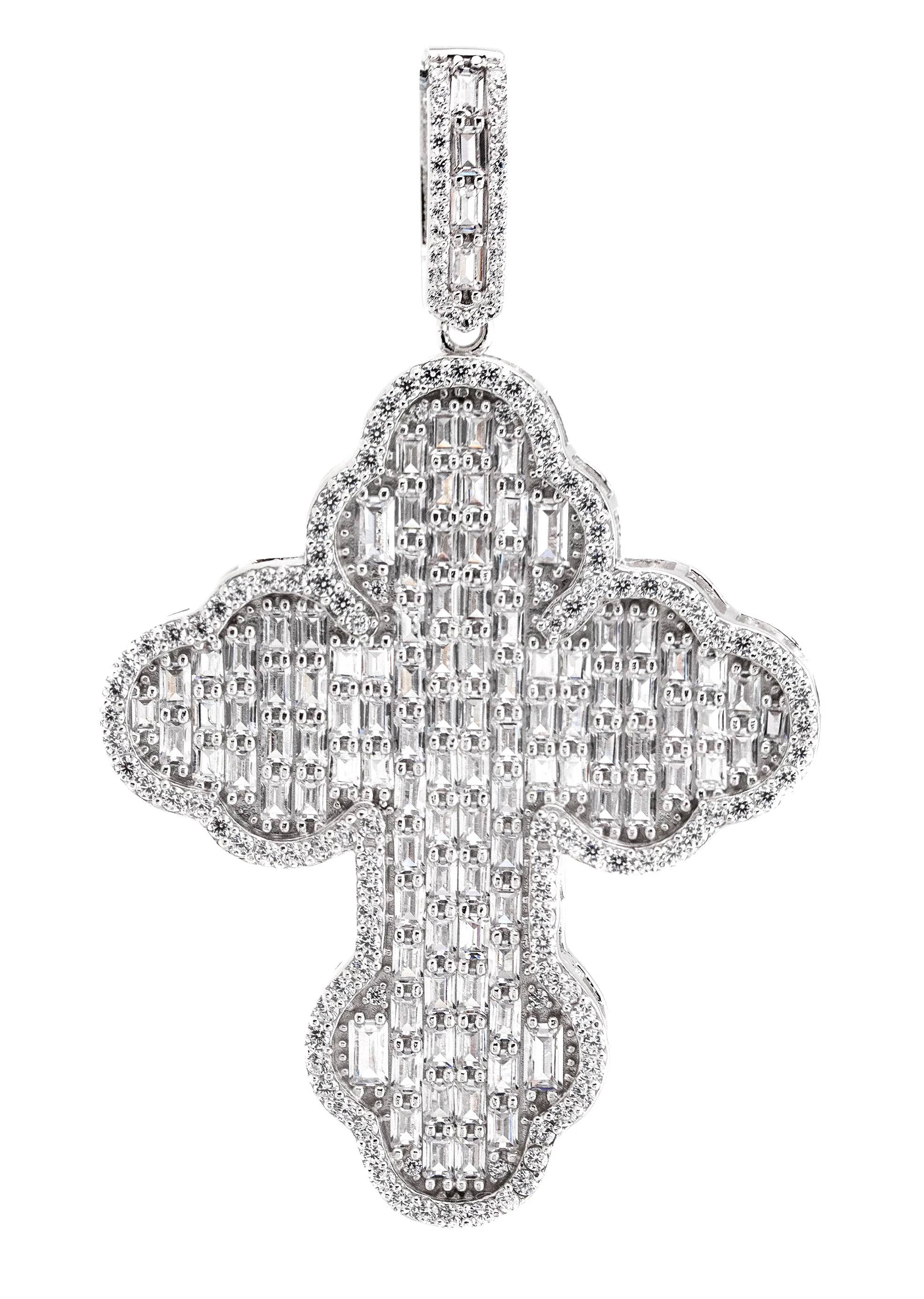 Silver Pendant - White Gold Cross Baguette Pendant | Appx 11 Grams