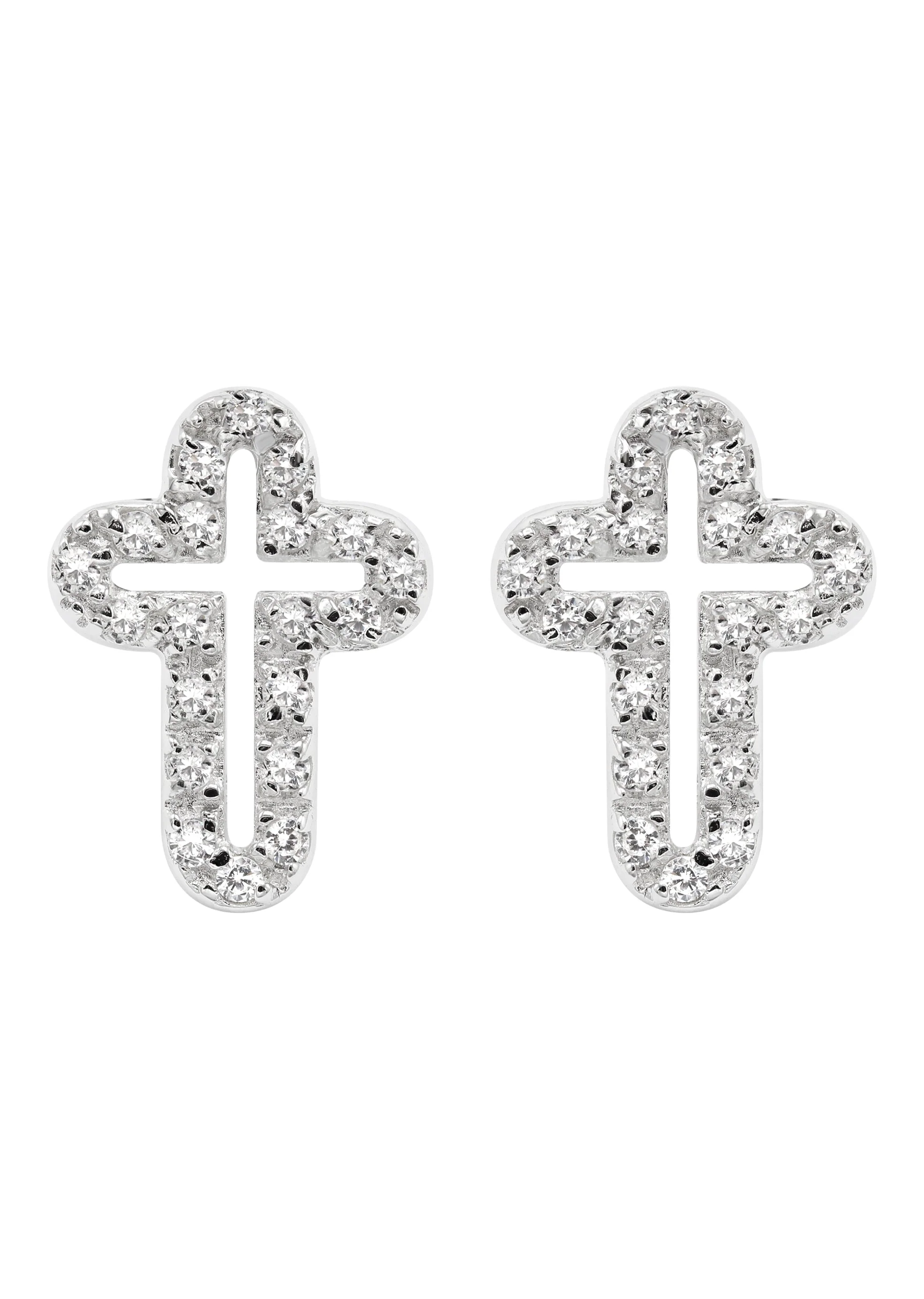 Silver Open Cross Plated Clear CZ Stud Earrings | Appx. 2 Grams