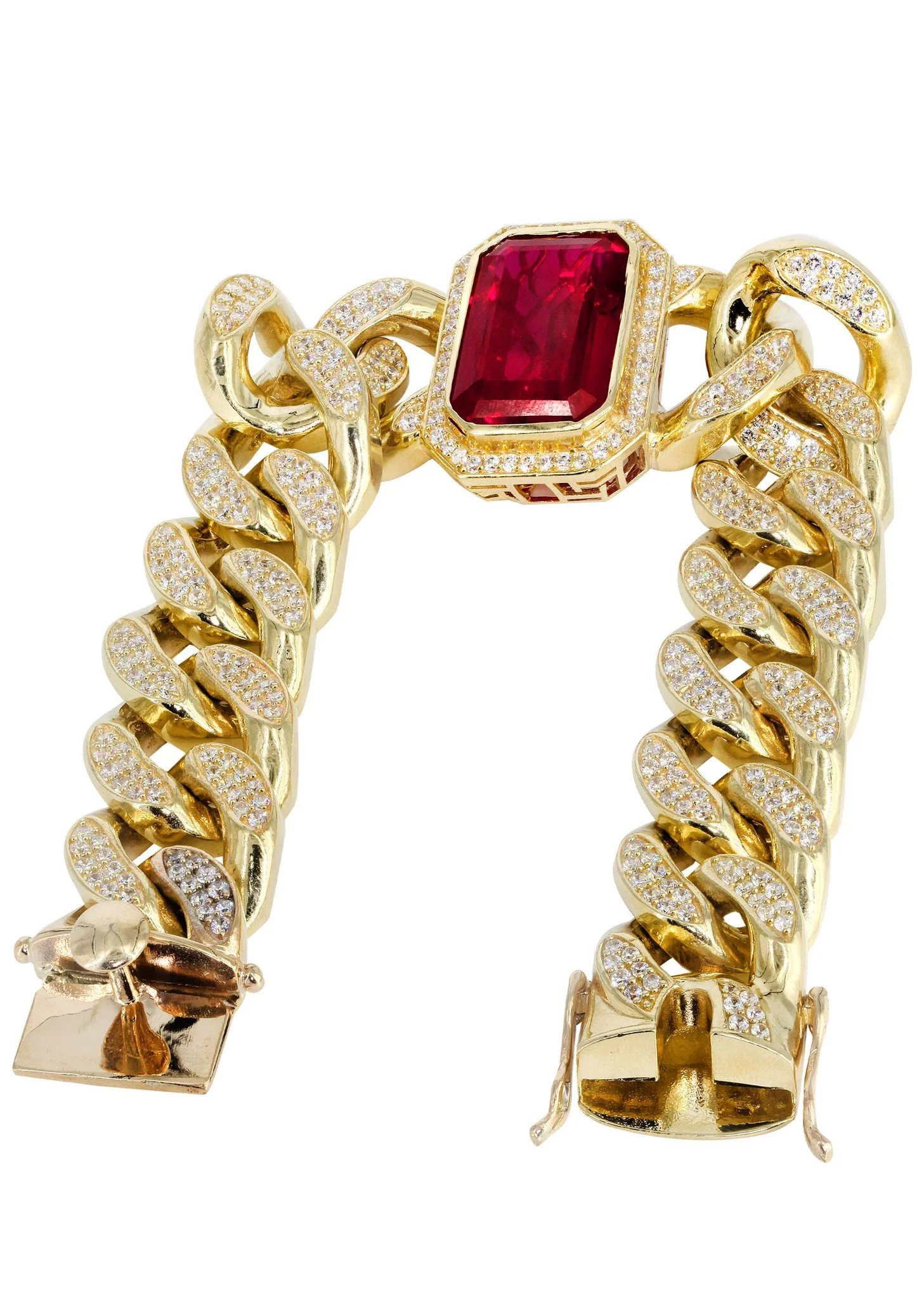 Solid Mens Ruby Miami Cuban Link Bracelet 10K Yellow Gold - Image 2