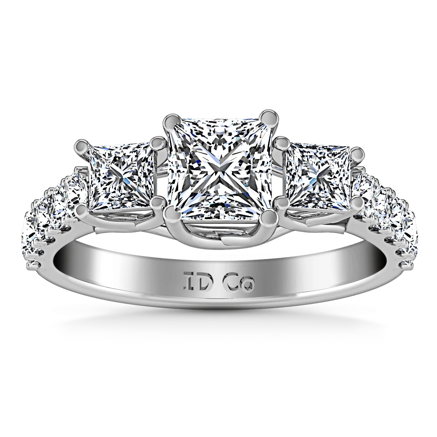 Three Stone Princess Cut Diamond Engagement Ring Enchantment Lattice 14K White Gold