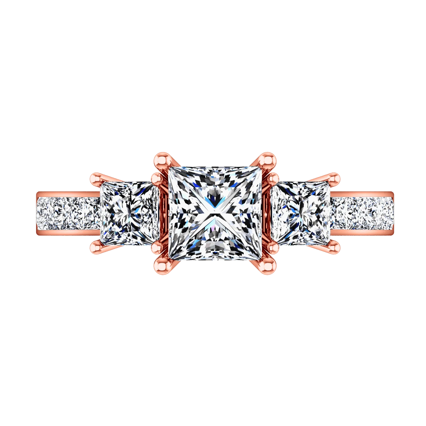 Three Stone Princess Cut Engagement Ring Rebecca 14K Rose Gold - Image 3