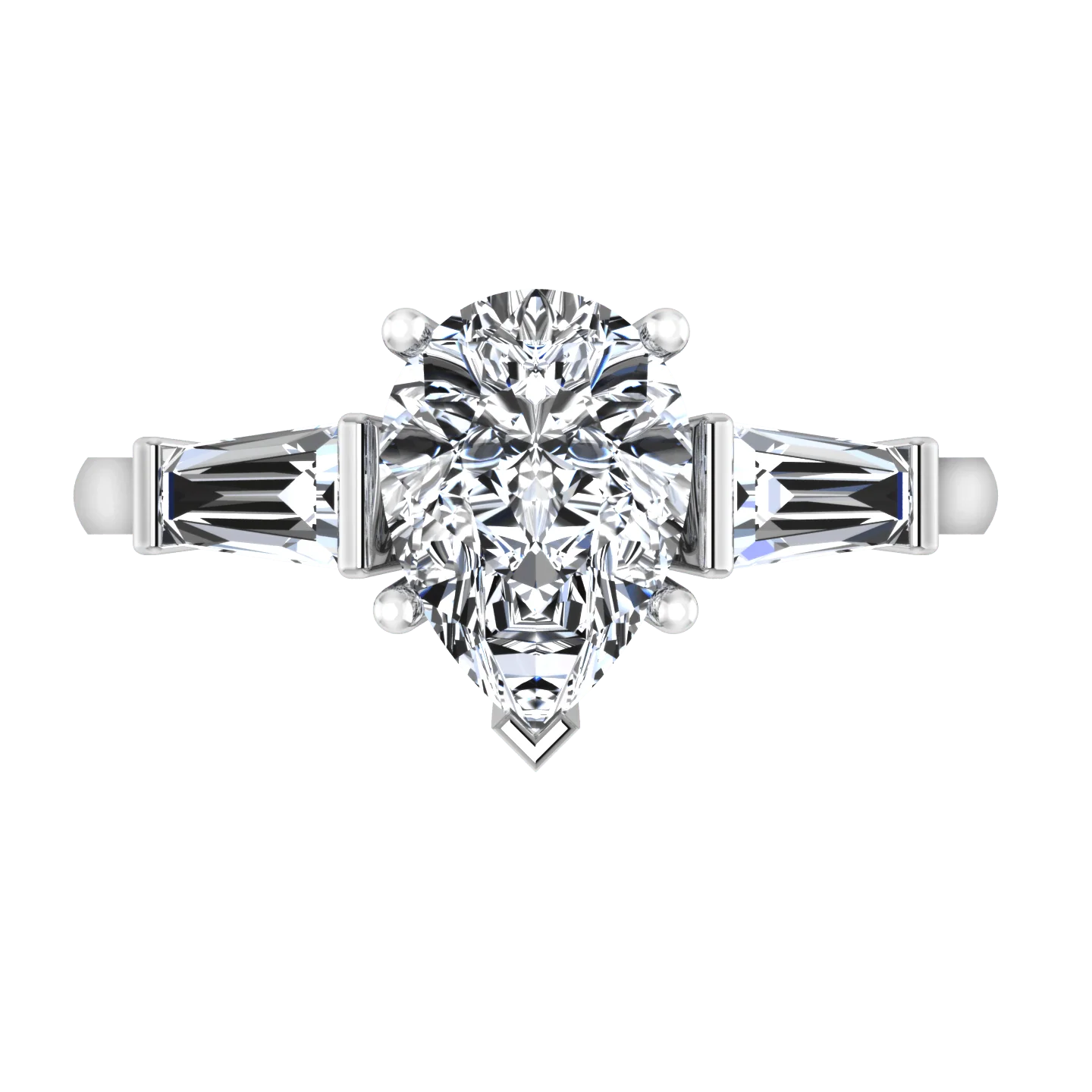 Three Stone Pear Diamond Engagement Ring Tapered Baguette 14K White Gold - Image 4